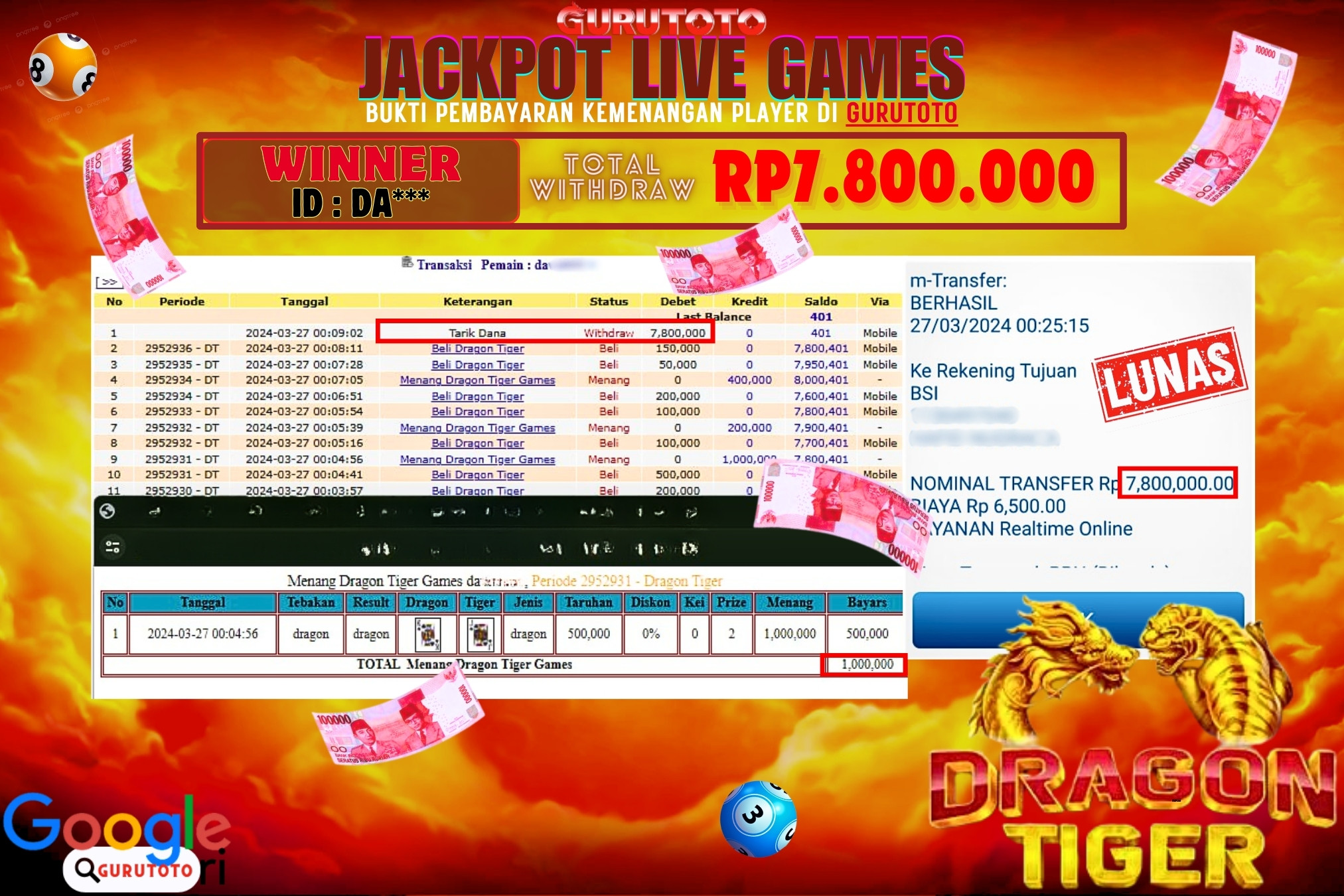Jackpot Slot Dragon Tiger di Gurutoto sebesar Rp.7.800.000 dibayar lunas.