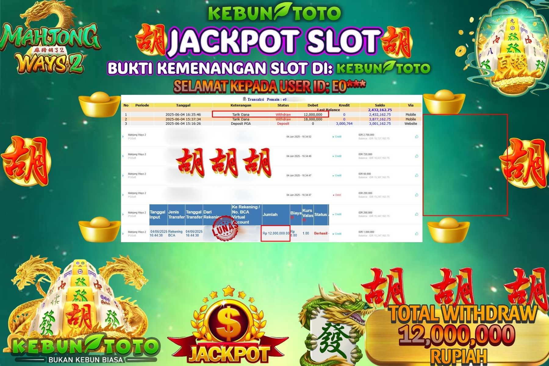 KEBUNTOTO JACKPOT SLOT MAHJONG WAYS 2 Rp 12.000.000,- LUNAS