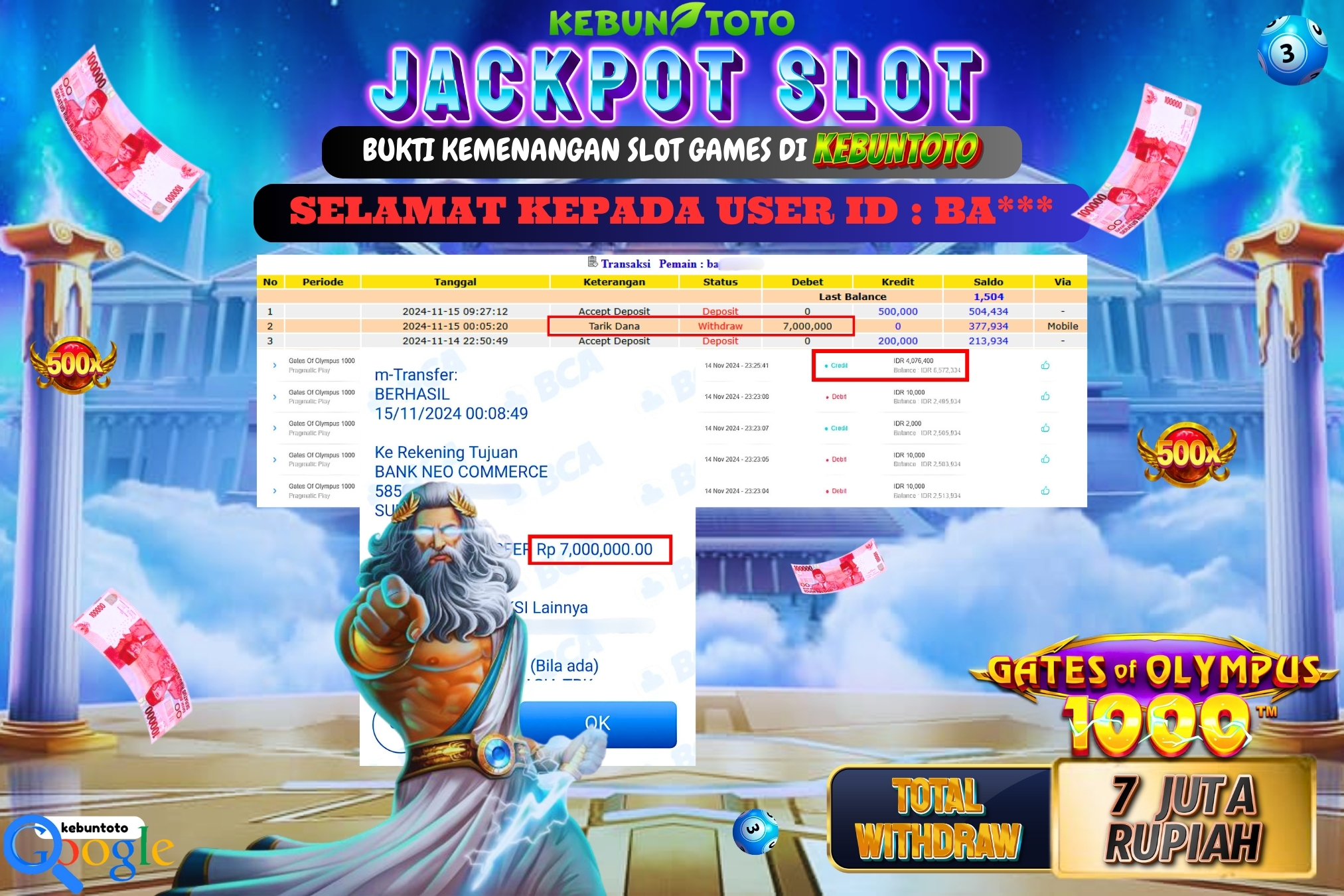 KEBUNTOTO JACKPOT SLOT GATES OF OLYMPUS 1000 Rp.7.000.000,- LUNAS