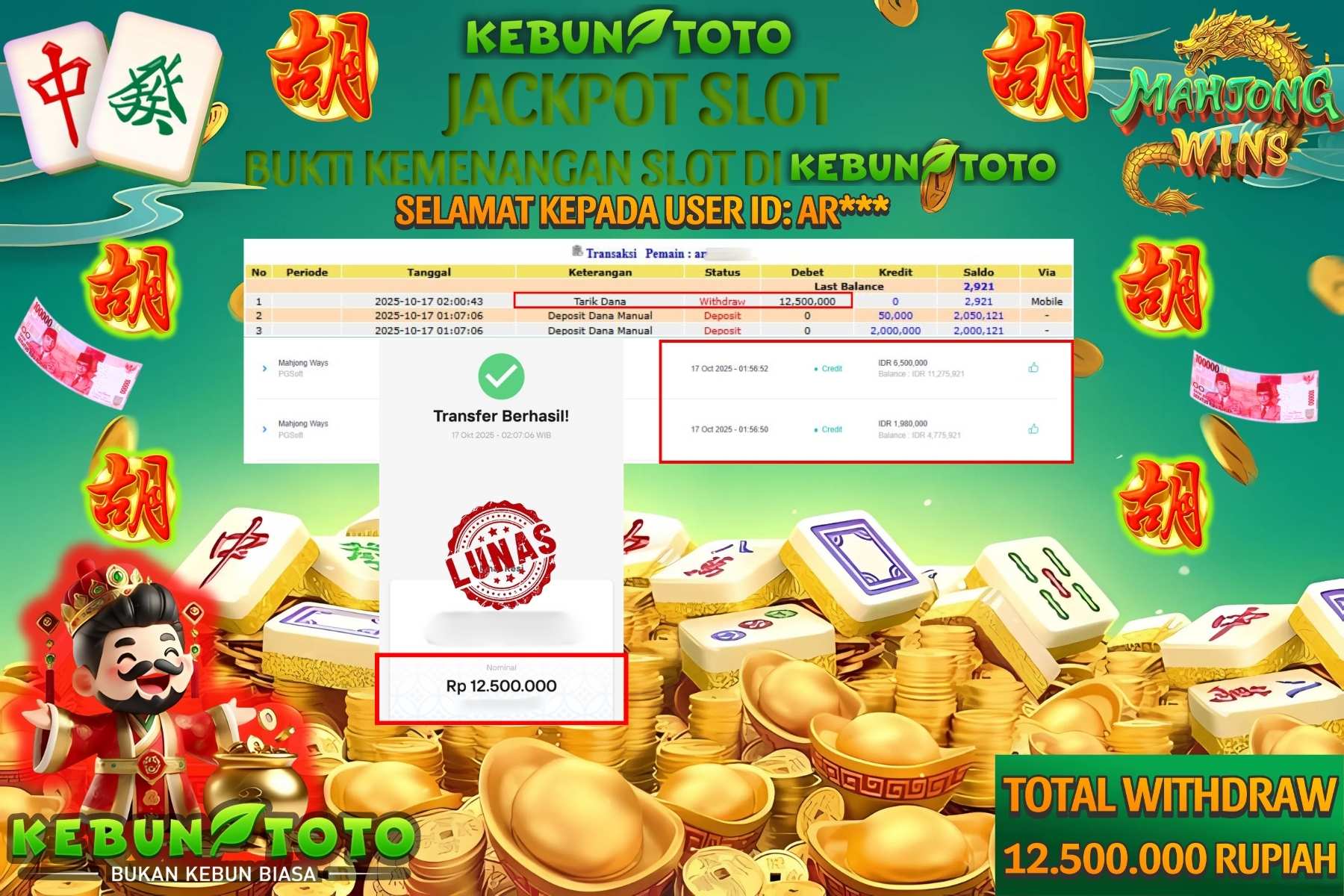 Bukti Kemenangan Rp 12.000.000 SLOT MAHJONG WAYS di KEBUNTOTO!