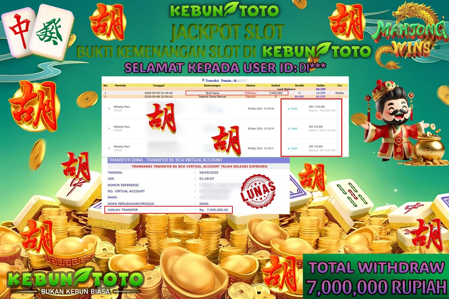 KEBUNTOTO JACKPOT SLOT MAHJONG WAYS Rp 7.000.000 ,- LUNAS
