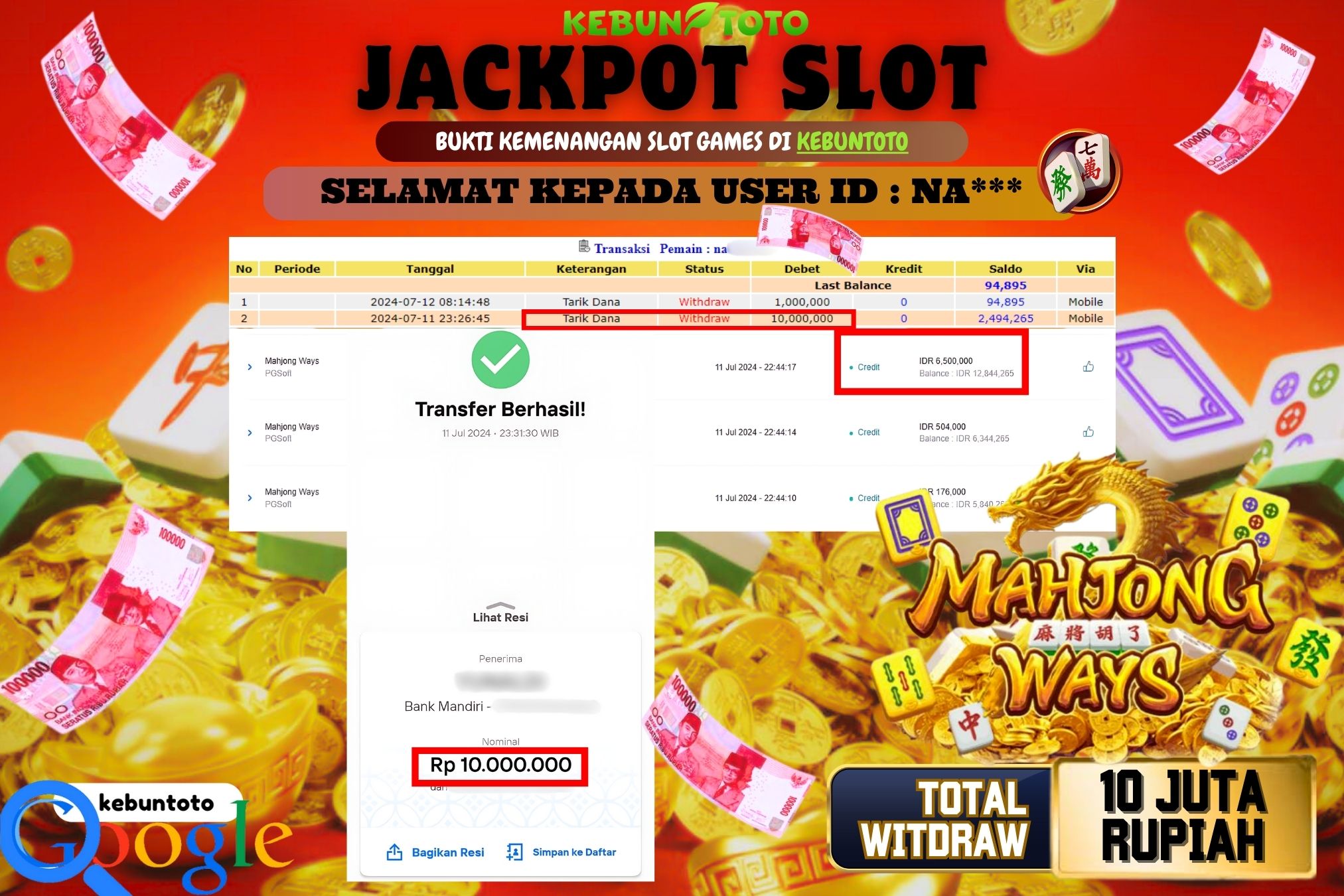 KEBUNTOTO JACKPOT SLOT MAHJONG WAYS Rp.10.000.000,- LUNAS