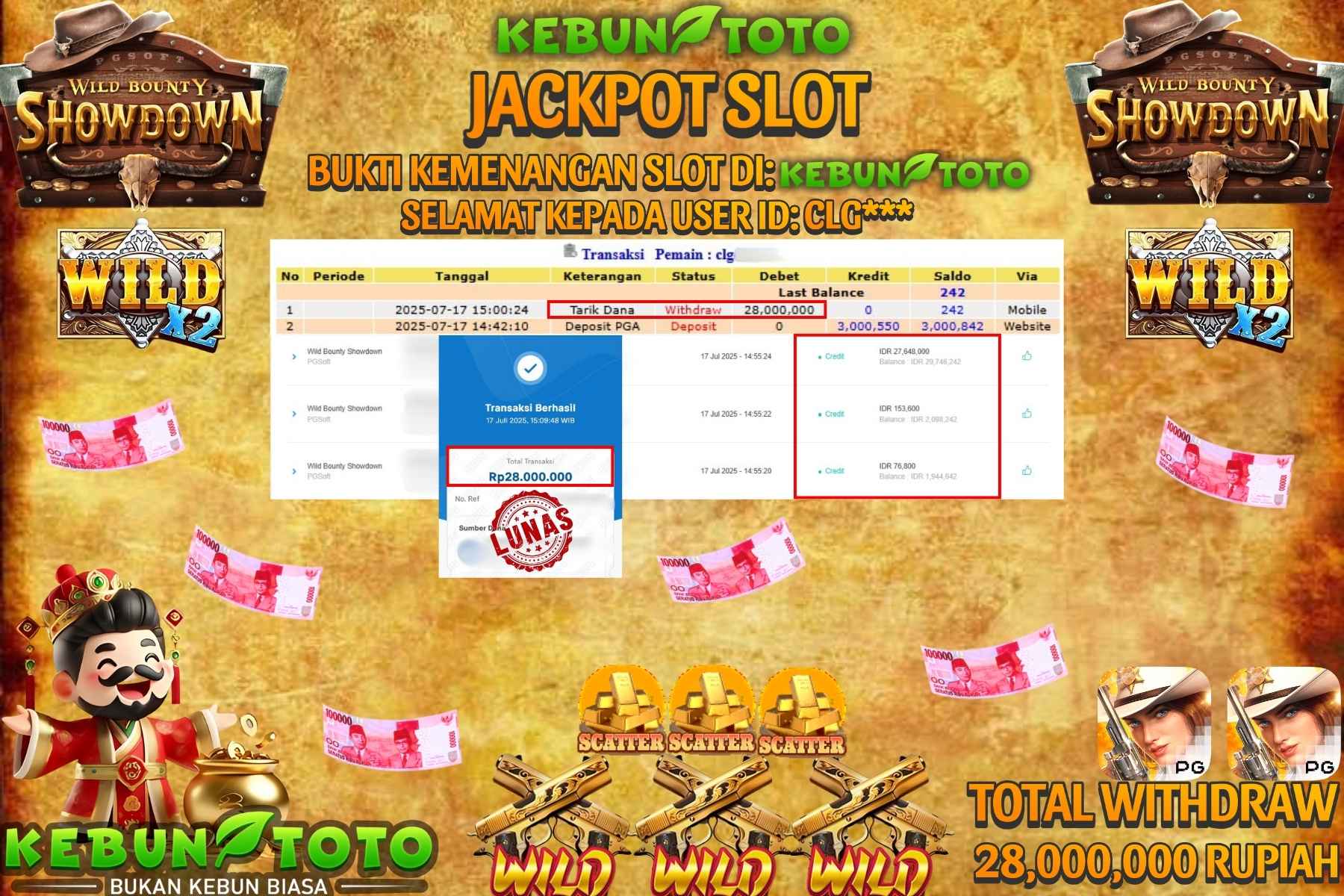 Bukti Kemenangan Rp 28.000.000 SLOT WILD BOUNTY SHOWDOWN di KEBUNTOTO!