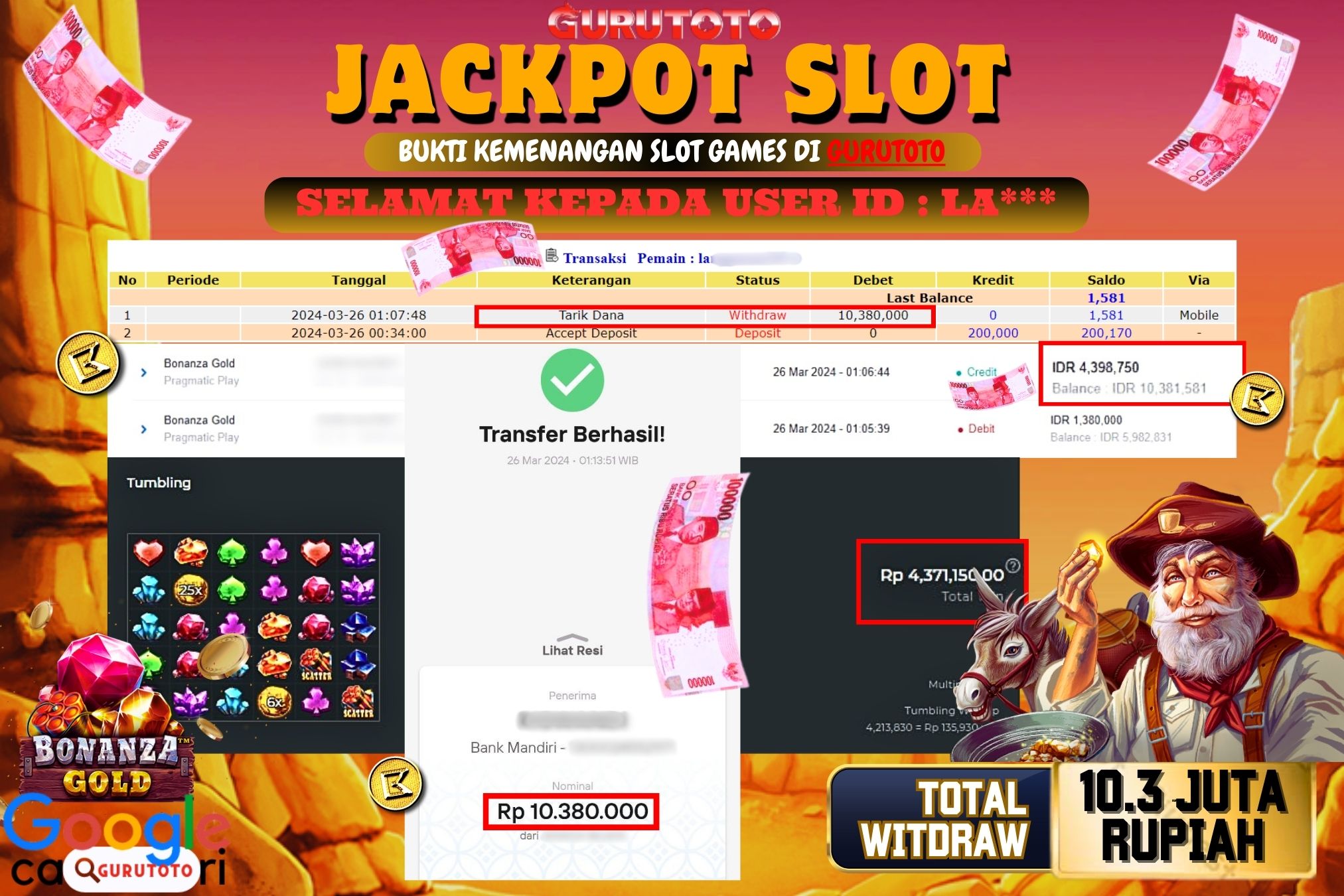 Jackpot Slot Bonanza Gold  di Gurutoto sebesar Rp.10.380.000 telah dibayar lunas.