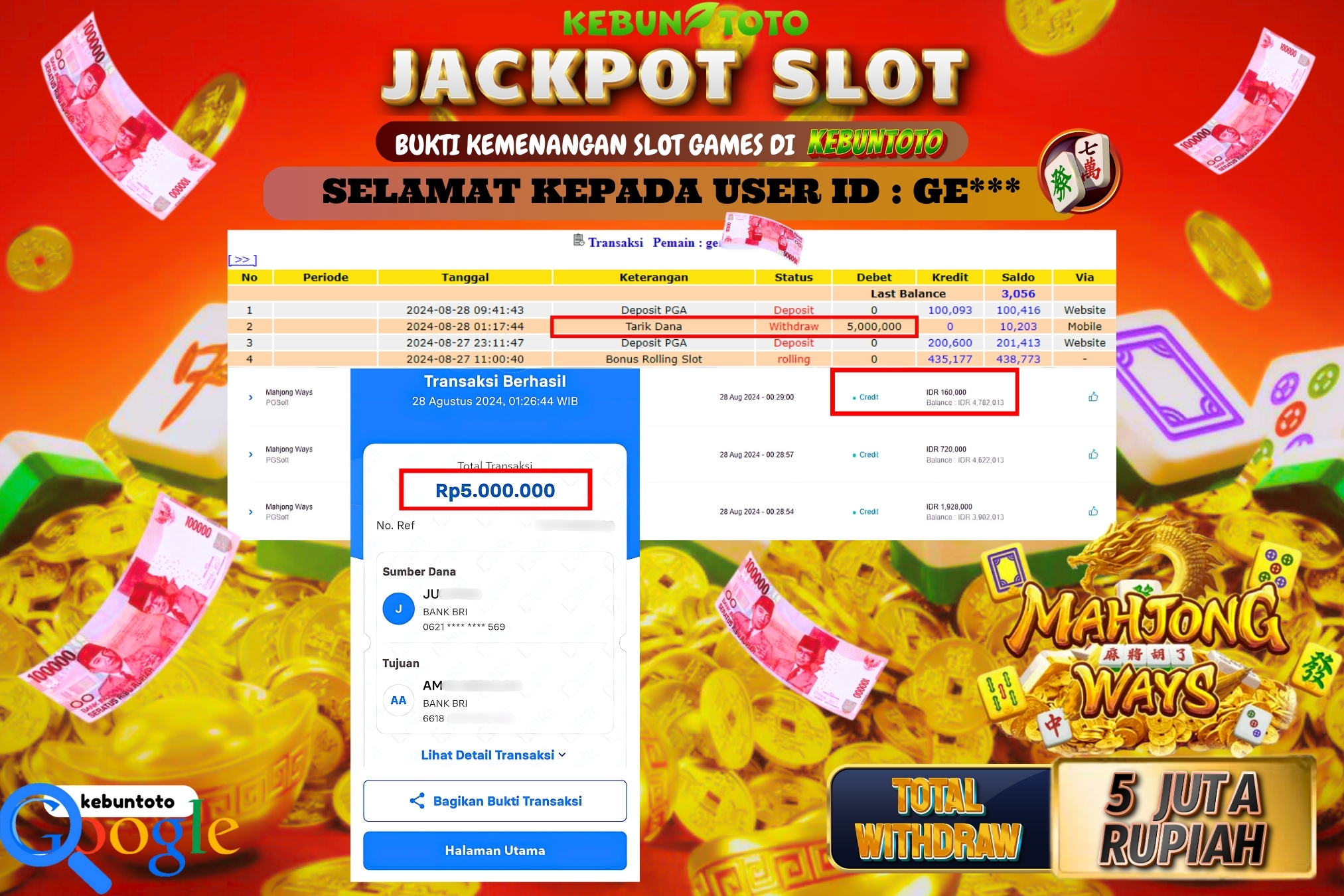 KEBUNTOTO JACKPOT SLOT MAHJONG WAYS Rp.5.000.000,- LUNAS