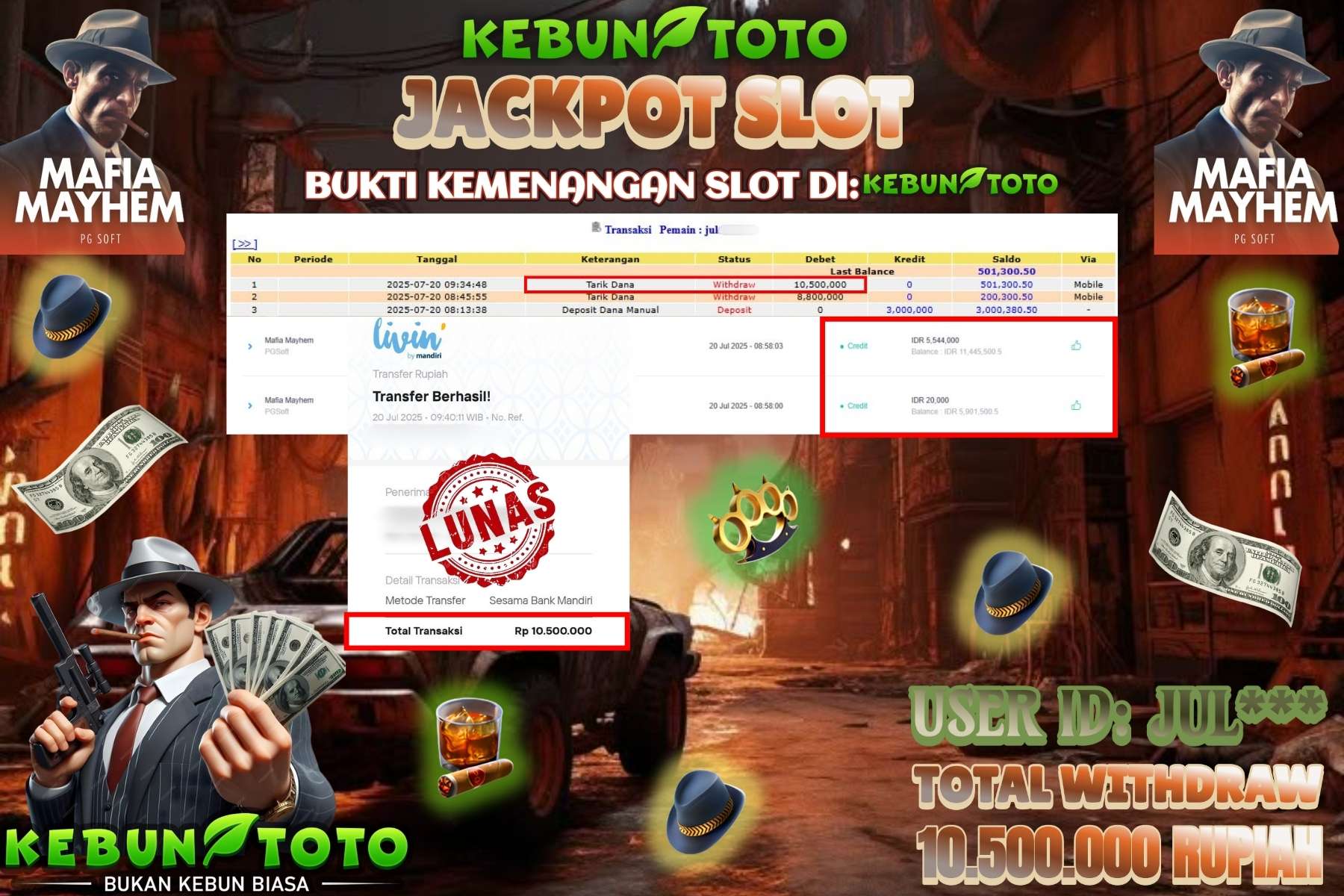 Bukti Kemenangan Rp 10.500.000 SLOT MAFIA MAYHEM di KEBUNTOTO!