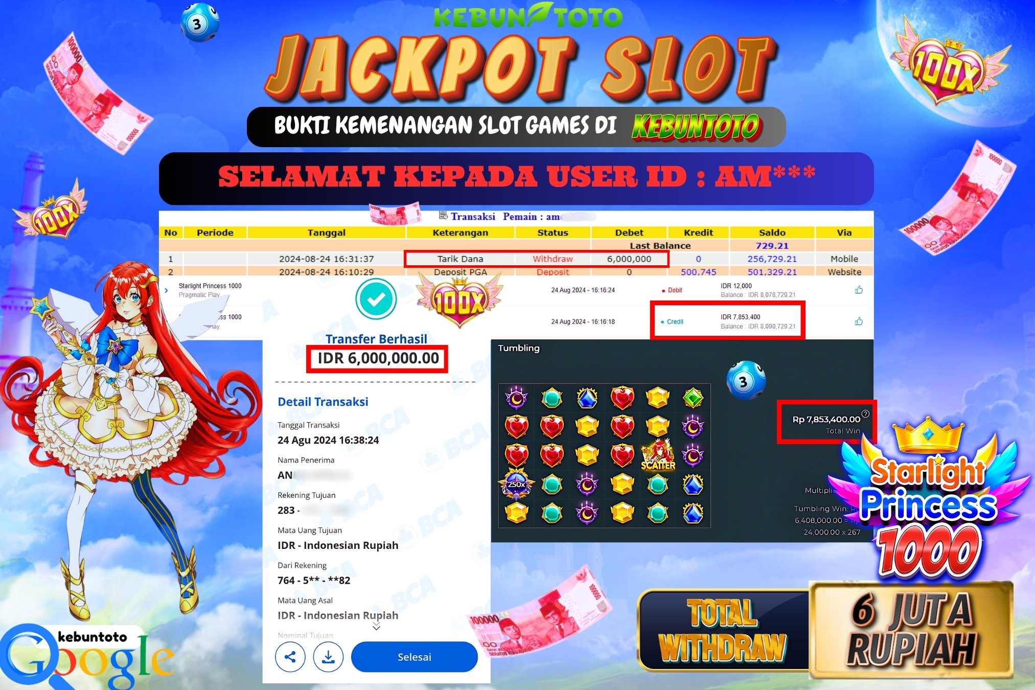 KEBUNTOTO JACKPOT SLOT STARLIGHT PRINCESS 1000 Rp.6.000.000,- LUNAS
