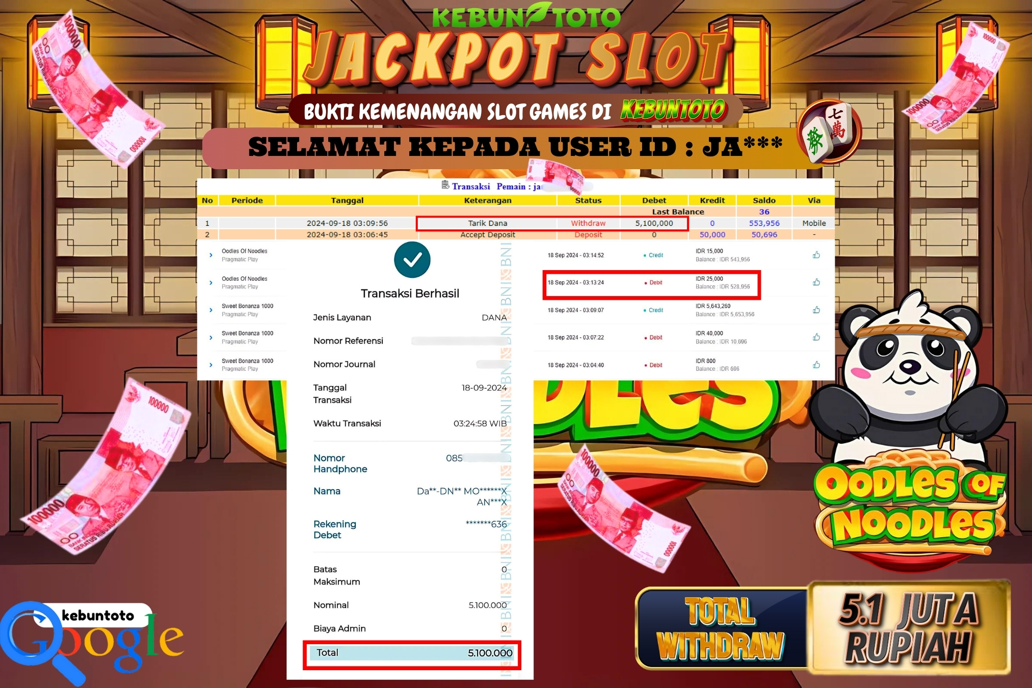 KEBUNTOTO JACKPOT SLOT OODLES OD NOODLES Rp.5.100.000,- LUNAS