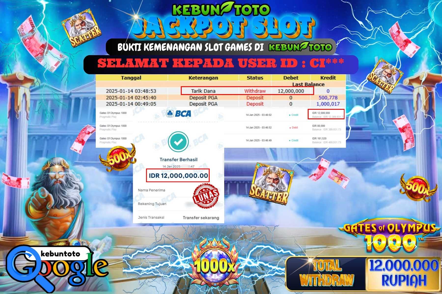 KEBUNTOTO JACKPOT SLOT GATES OF OLYMPUS 1000 , Sebesar Rp.12.000.000,- LUNAS