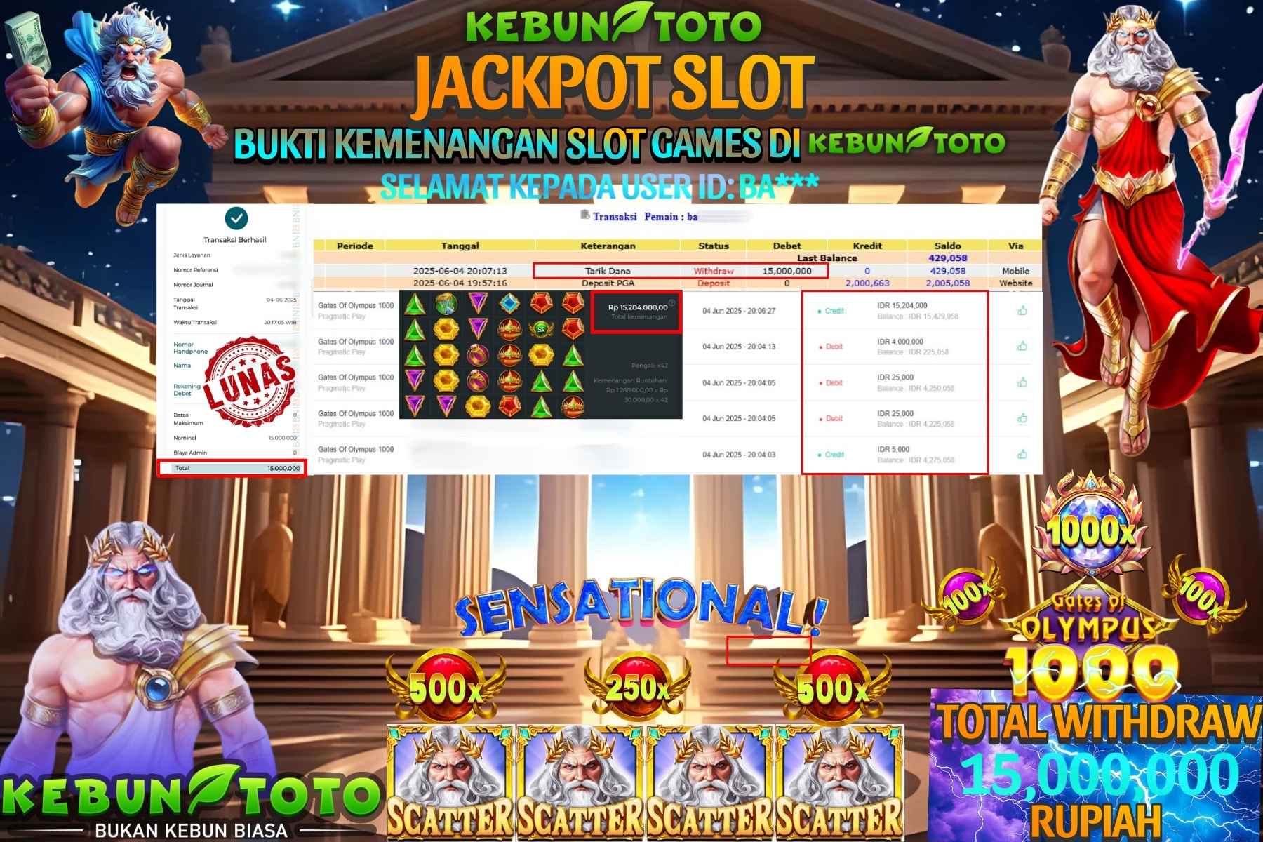 KEBUNTOTO JACKPOT SLOT GATES OF OLYMPUS 1000 Rp 15.000.000,- LUNAS