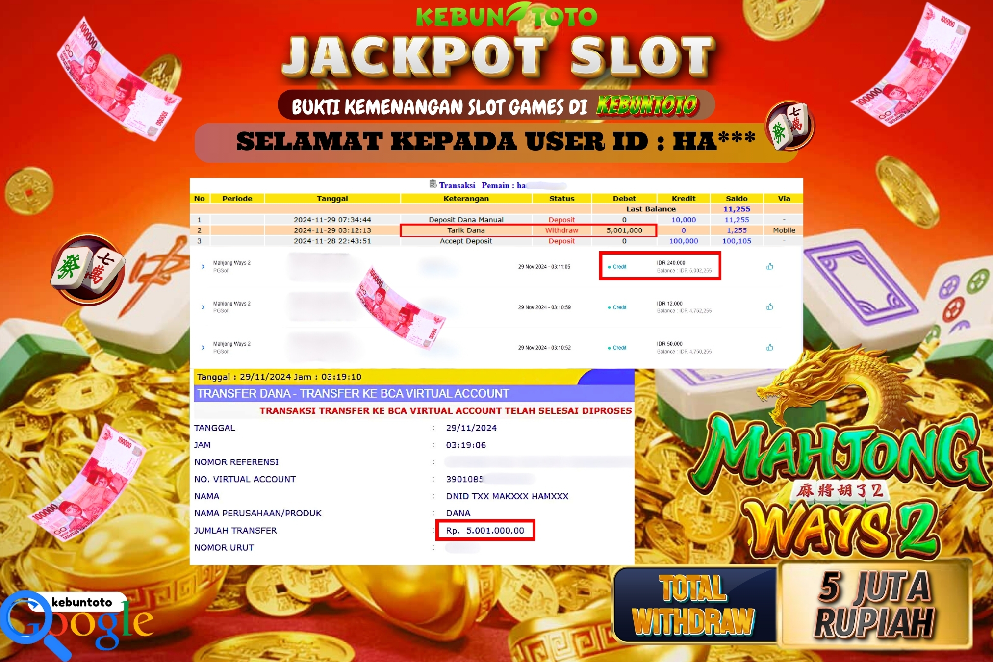 KEBUNTOTO JACKPOT SLOT MAHJONG WAYS 2 Rp.5.001.000,- LUNAS