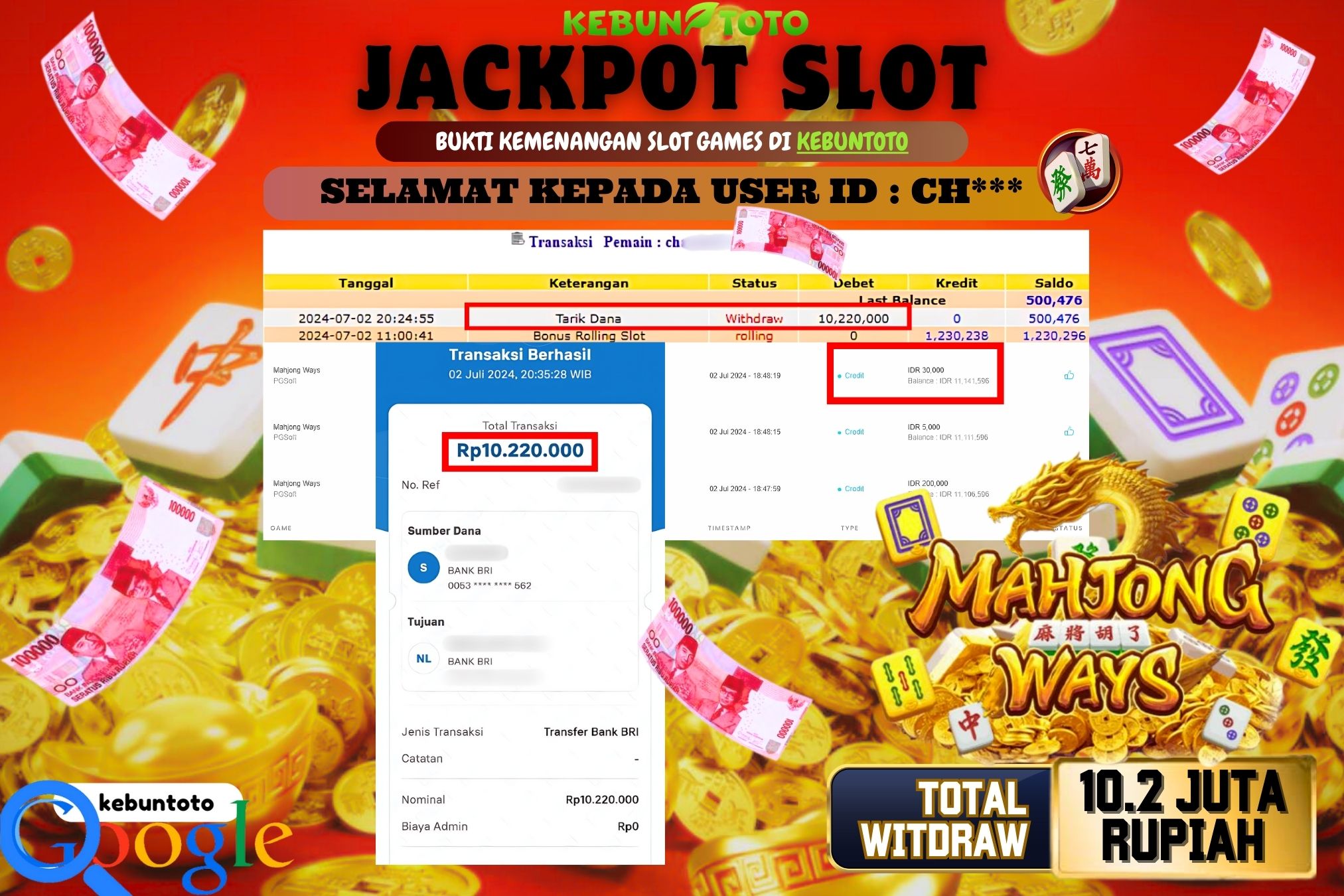 KEBUNTOTO JACKPOT SLOT MAHJONG WAYS Rp.10.220.000,- LUNAS