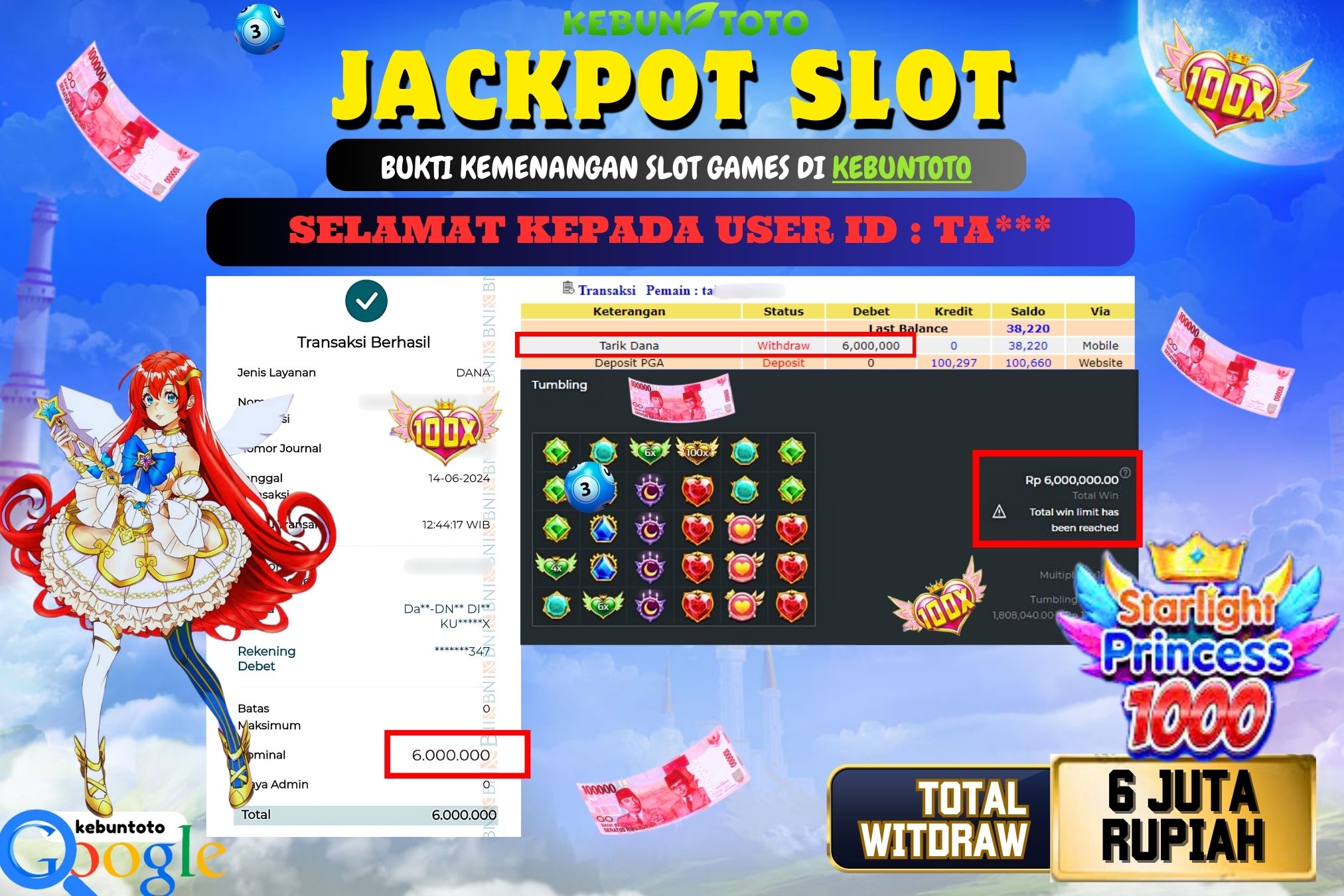 KEBUNTOTO JACKPOT SLOT STARLIGHT PRINCESS 1000 Rp.6.000.000,- LUNAS