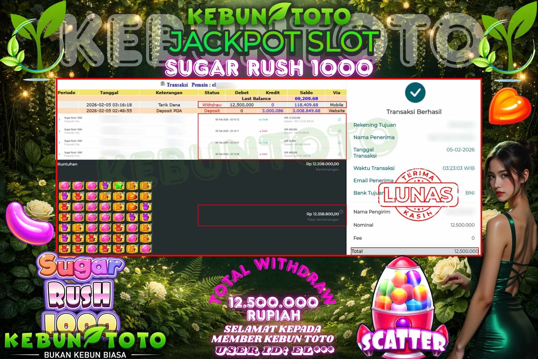 Bukti Kemenangan Rp 12.500.000 SLOT SUGAR RUSH 1000 di KEBUNTOTO!
