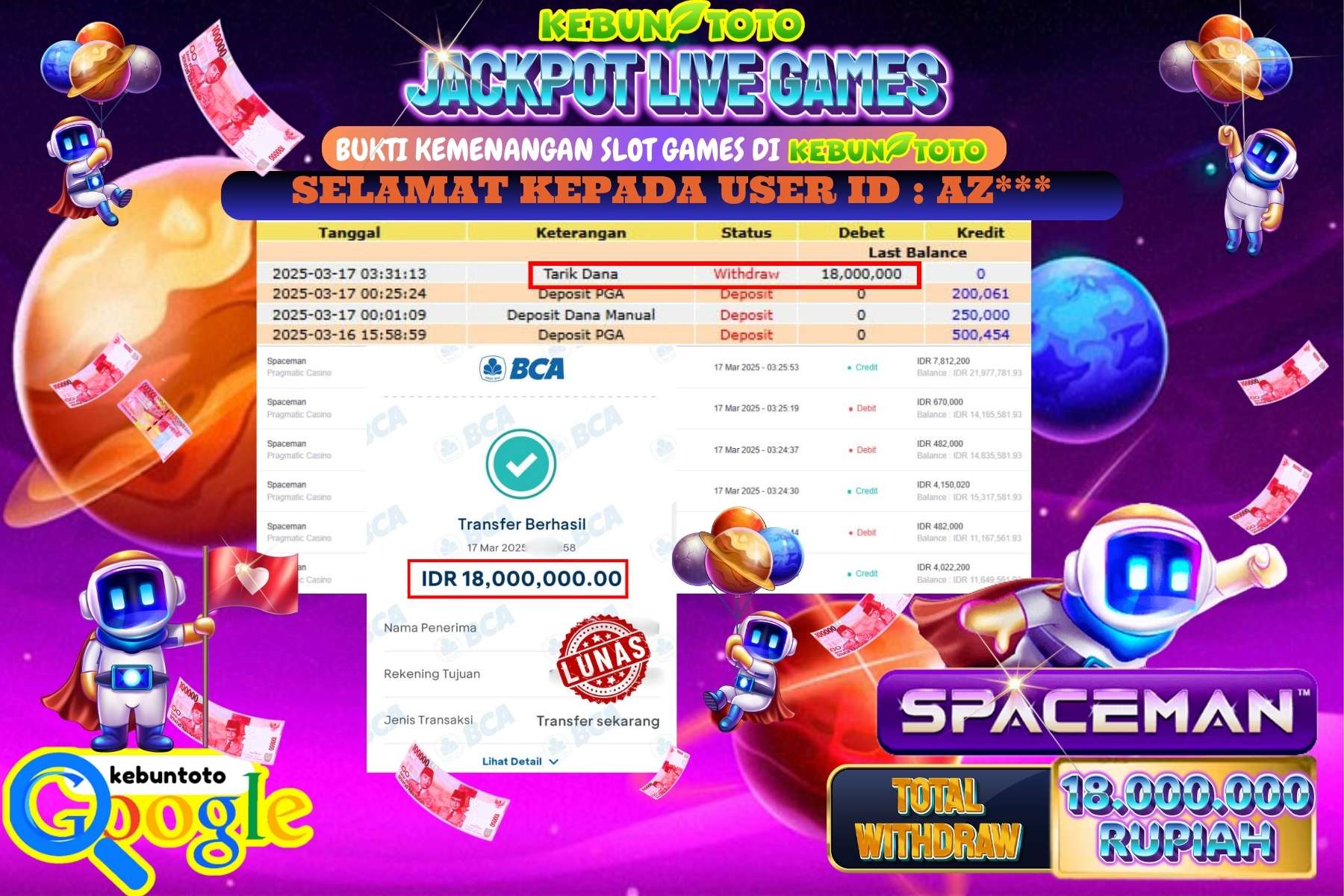 KEBUNTOTO JACKPOT, LIVE GAMES SPACEMAN Sebesar Rp 18.000.000,- LUNAS