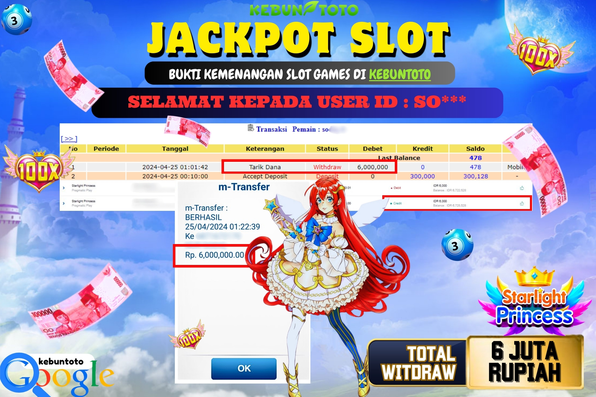 KEBUNTOTO JACKPOT SLOT STARLIGHT PRINCESS Rp.6.000.000,- LUNAS
