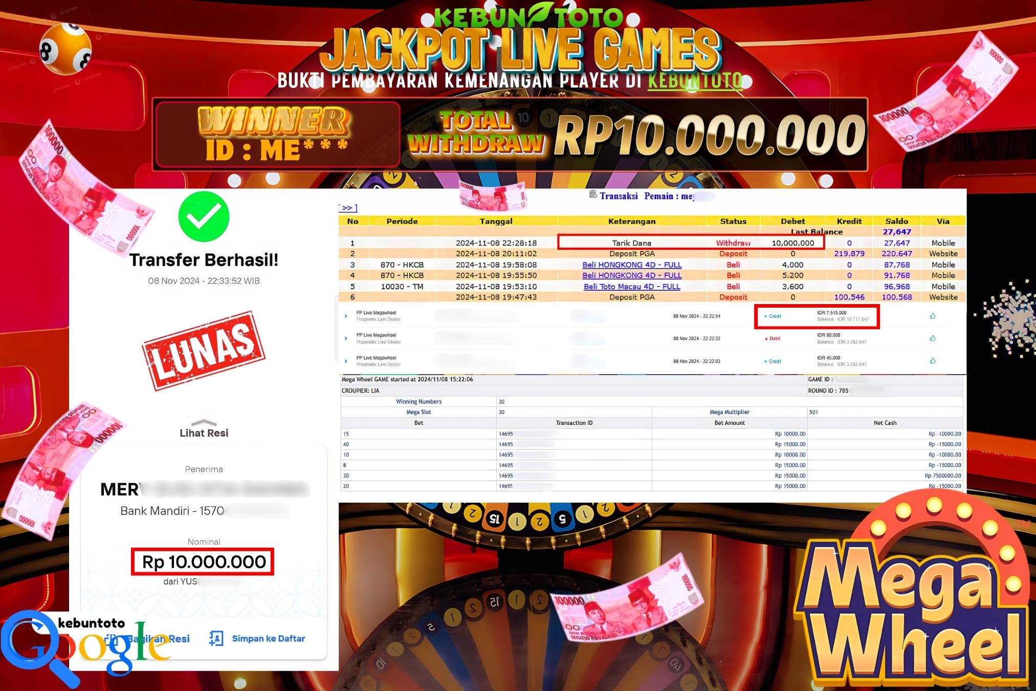 KEBUNTOTO JACKPOT LIVE CASINO PP LIVE MEGAWHEEL Rp.10.000.000,- LUNAS