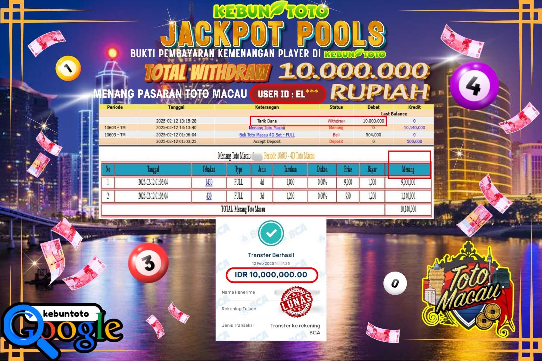 KEBUNTOTO JACKPOT, TOTO MACAU POOLS , Sebesar Rp 10.000.000,- LUNAS