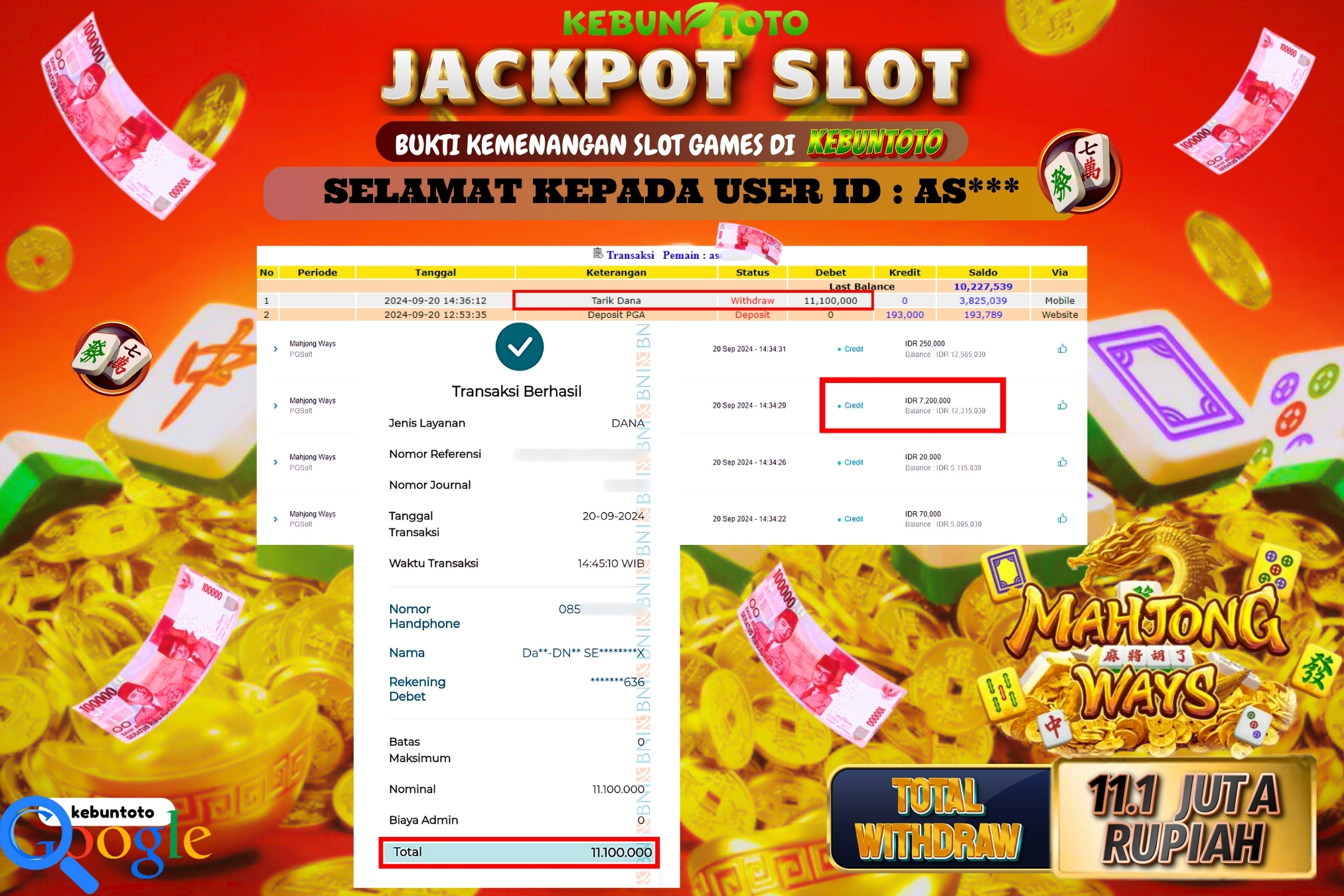 KEBUNTOTO JACKPOT SLOT MAHJONG WAYS Rp.11.100.000,- LUNAS