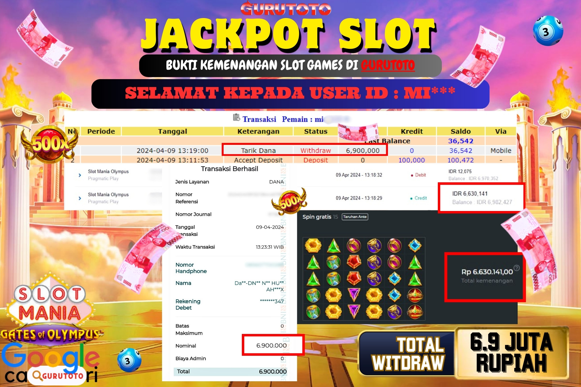 Jackpot Slot MANIA OLYMPUS di Gurutoto sebesar Rp.6.900.000 dibayar lunas.