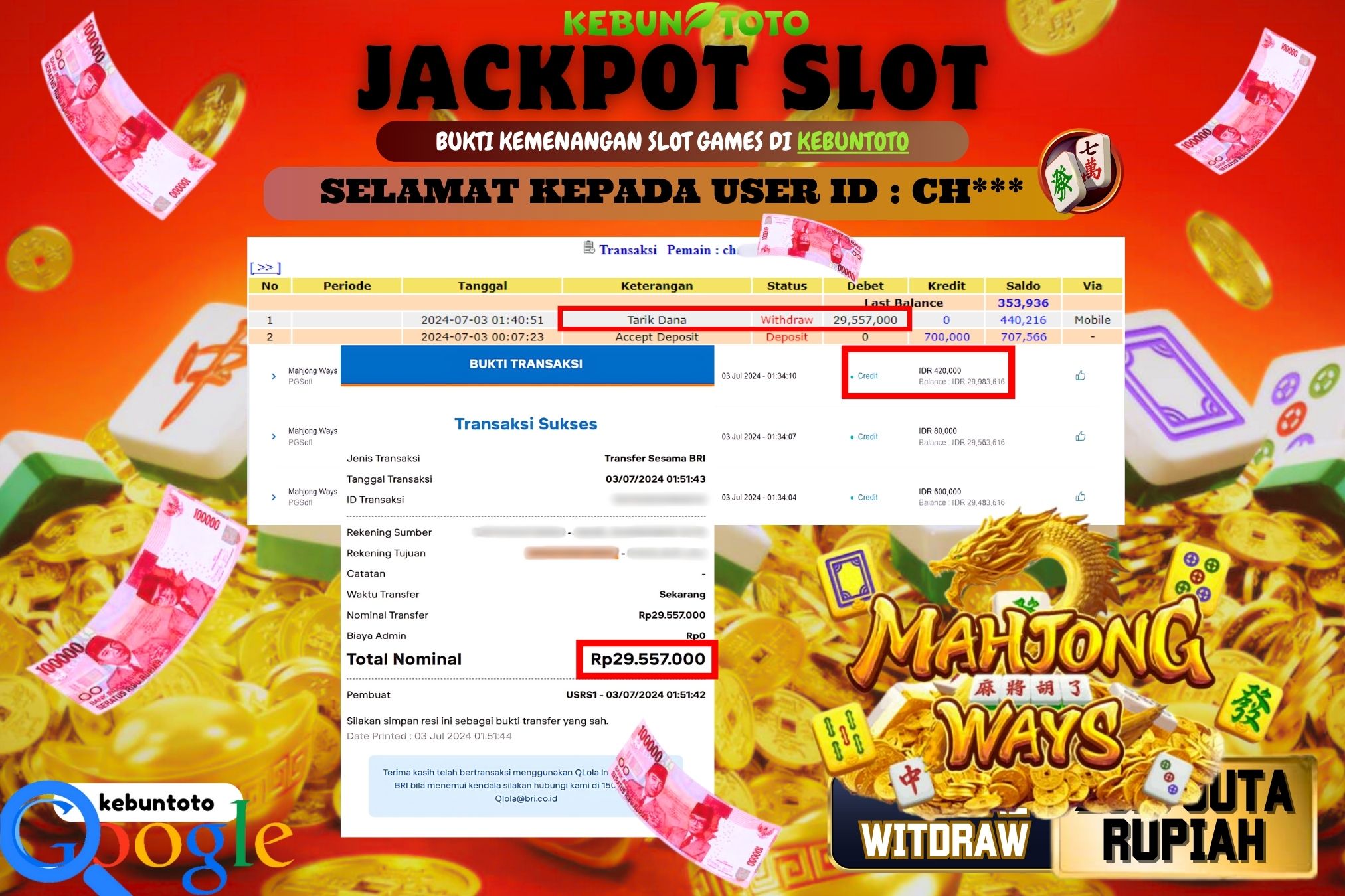 KEBUNTOTO JACKPOT SLOT MAHJONG WAYS Rp.29.557.000,- LUNAS