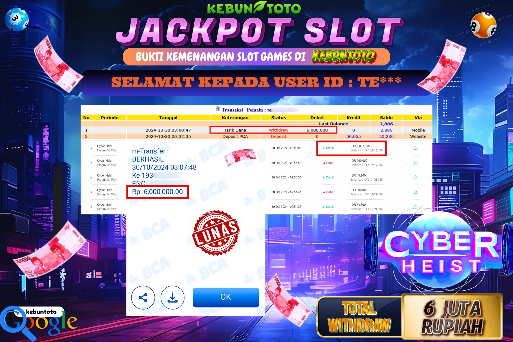 KEBUNTOTO JACKPOT SLOT CYBER HEIST Rp.6.000.000,- LUNAS