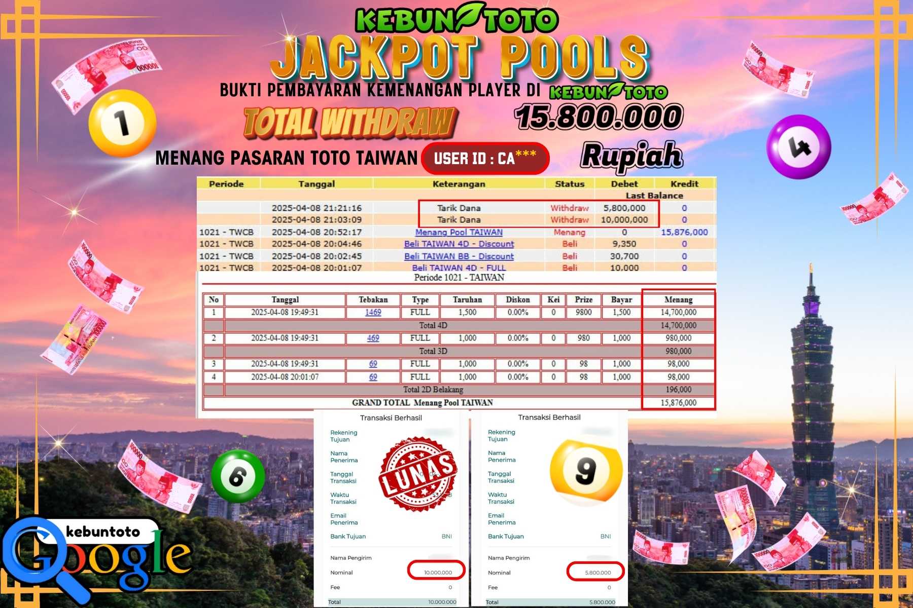 KEBUNTOTO JACKPOT, TOTO TAIWAN POOLS Rp 15.800.000,- LUNAS