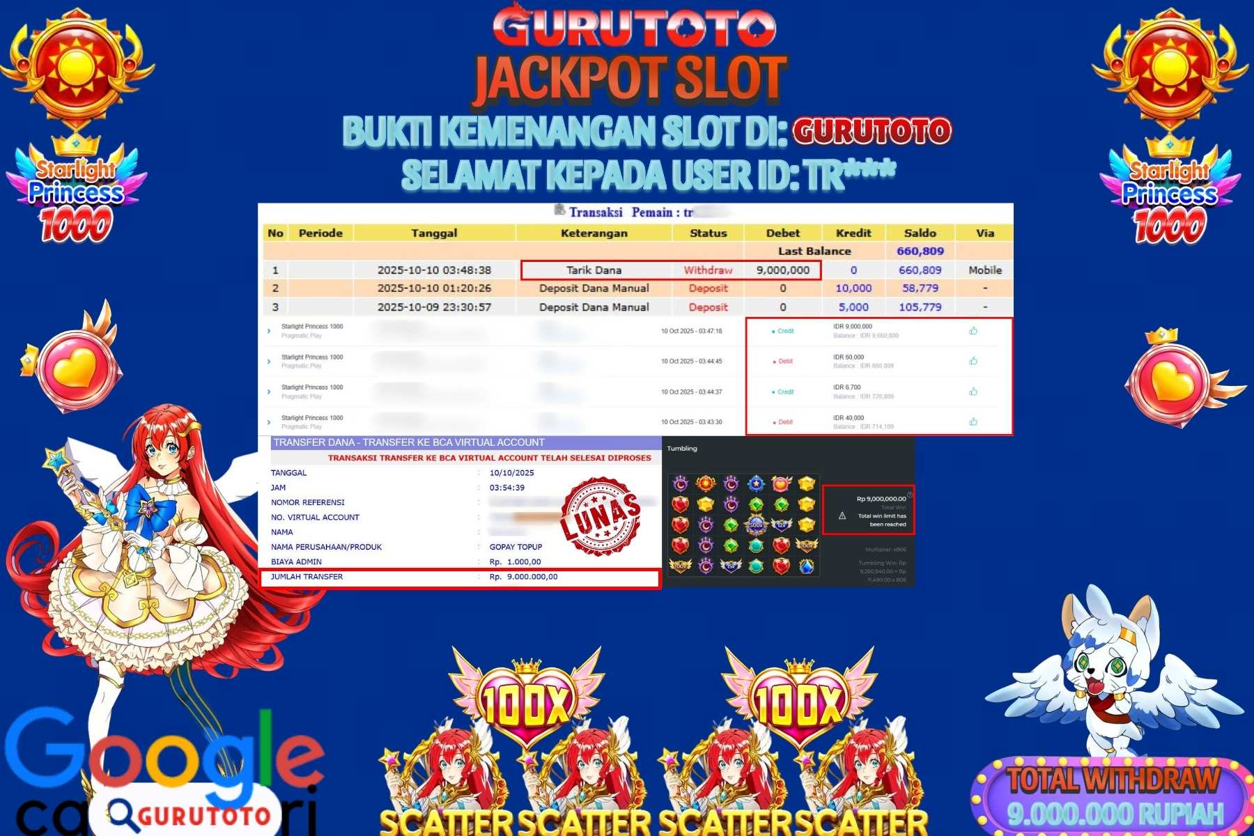 Bukti Kemenangan Rp 9.000.000 SLOT STARLIGHT PRINCESS 1000 di GURUTOTO!