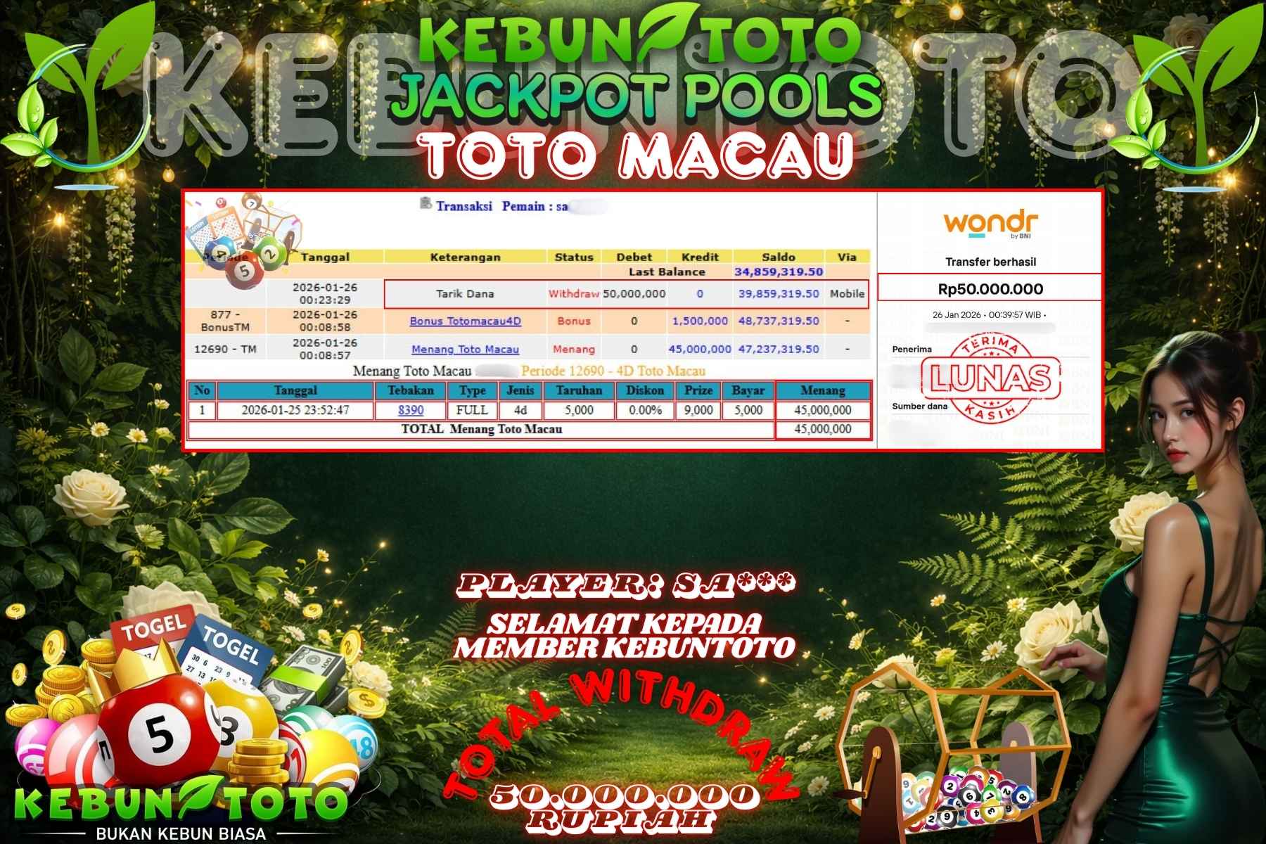 Bukti Kemenangan Rp 50.00.000 TOGEL TOTO MACAU di KEBUNTOTO!