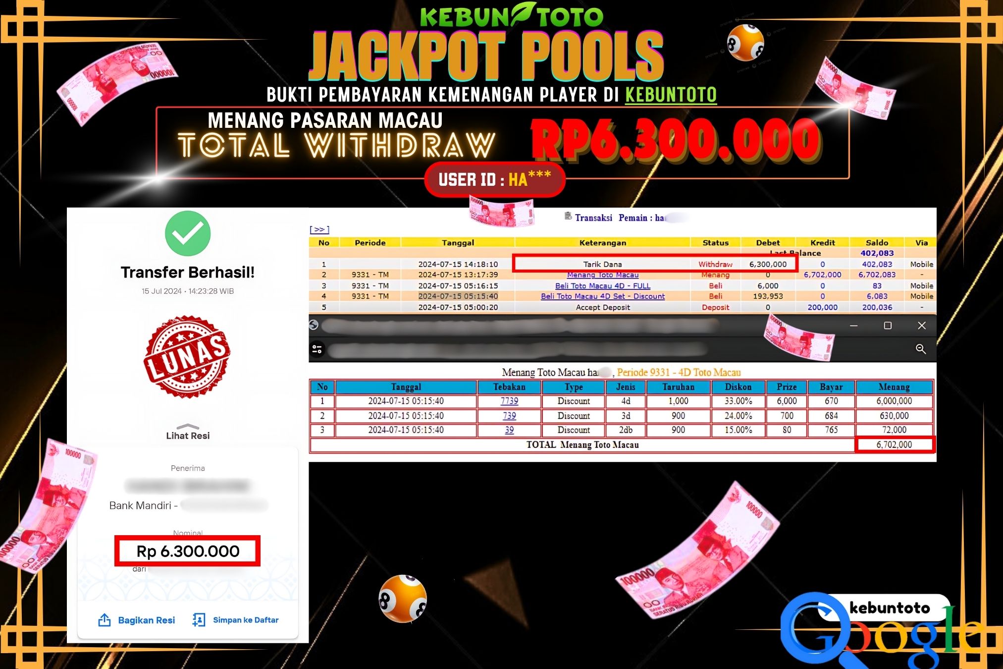 KEBUNTOTO JACKPOT TOGEL PASARAN MACAU Rp.6.300.000,- LUNAS