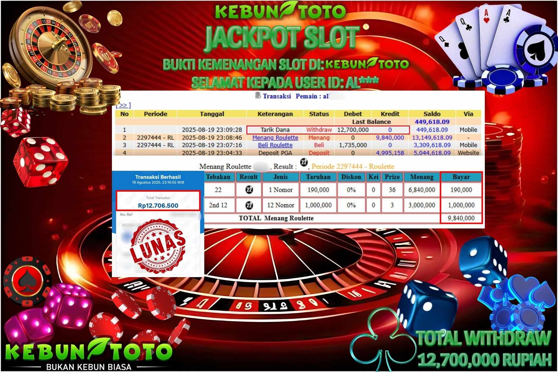 Bukti Kemenangan Rp 12.700.000 CASINO ROULETTE di KEBUNTOTO!