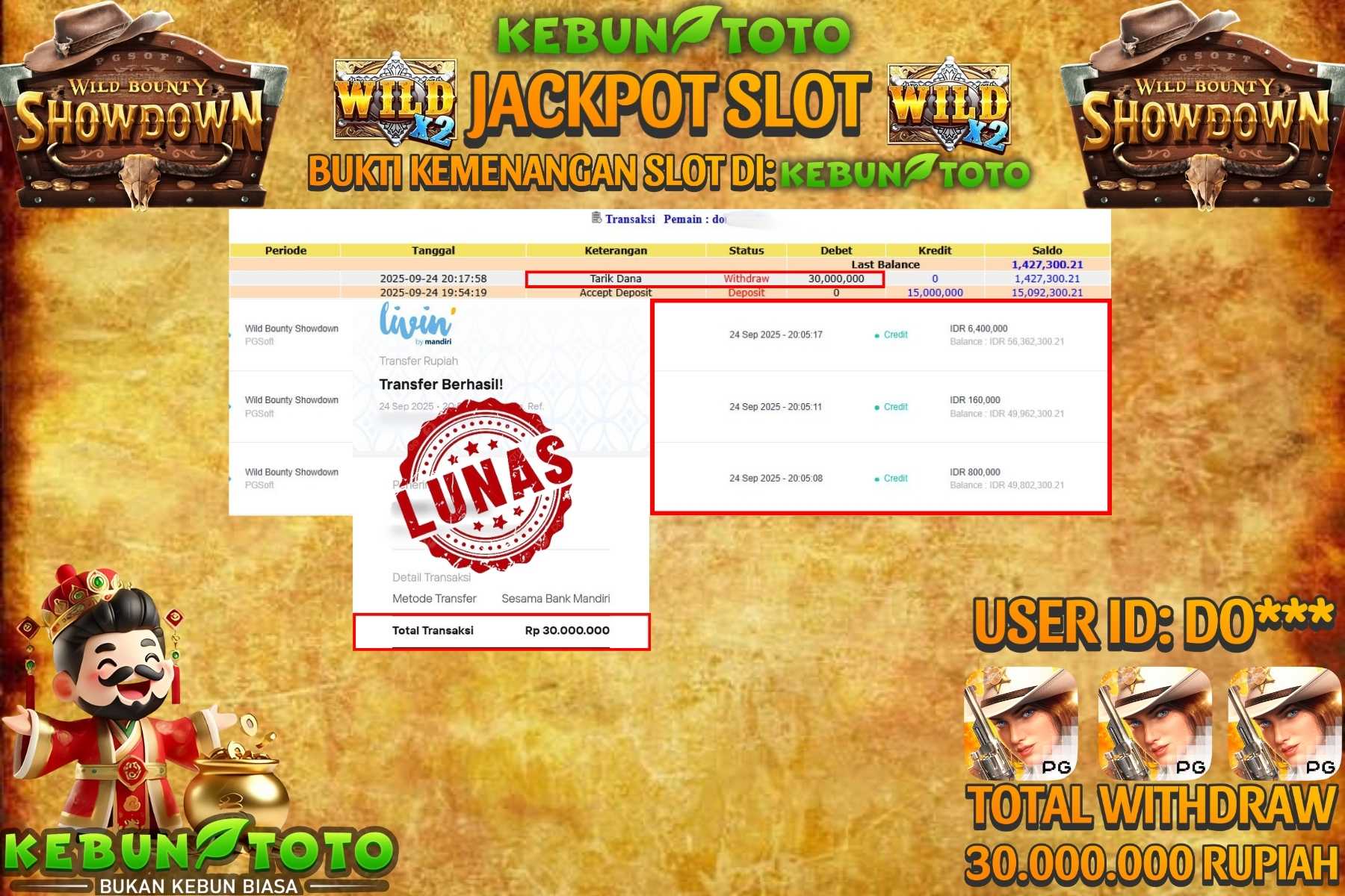 Bukti Kemenangan Rp 30.000.000 SLOT WILD BOUNTY SHOWDOWN di KEBUNTOTO!
