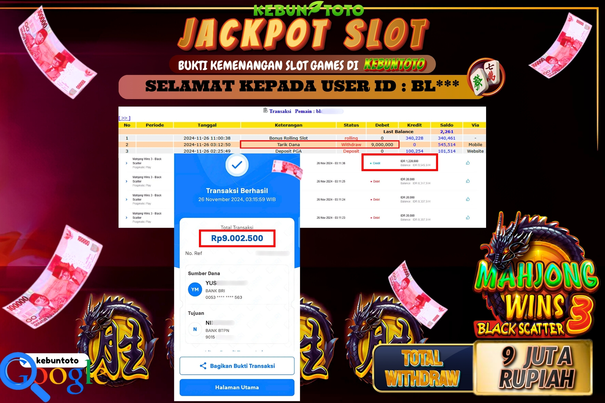 KEBUNTOTO JACKPOT SLOT MAHJONG WINS 3 BLACK SCATTER Rp.9.000.000,- LUNAS
