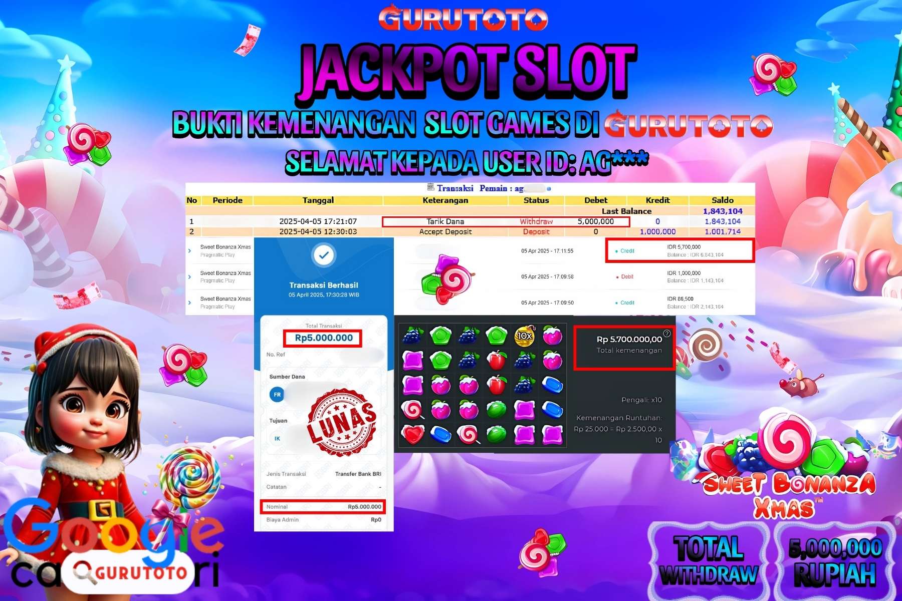 GURUTOTO JACKPOT, SLOT SWEET BONANZA XMAS, Sebesar Rp 5.000.000,- LUNAS