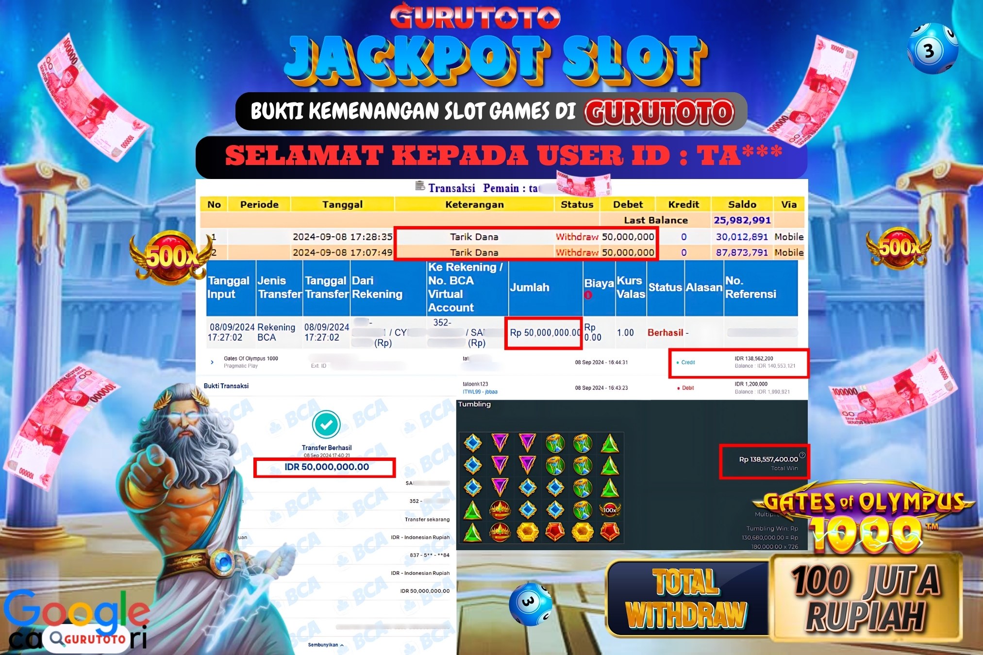 Jackpot Slot Gates of Olympus 1000 di Gurutoto sebesar Rp.100.000.000 dibayar lunas.