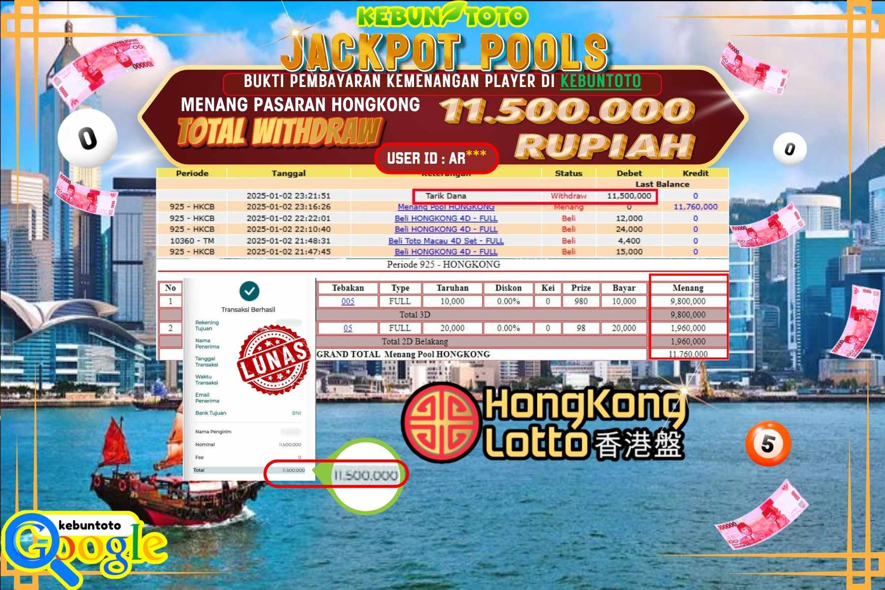 KEBUNTOTO JACKPOT TOTO HONGKONG POOLS , Sebesar Rp.11.500.000,- LUNAS