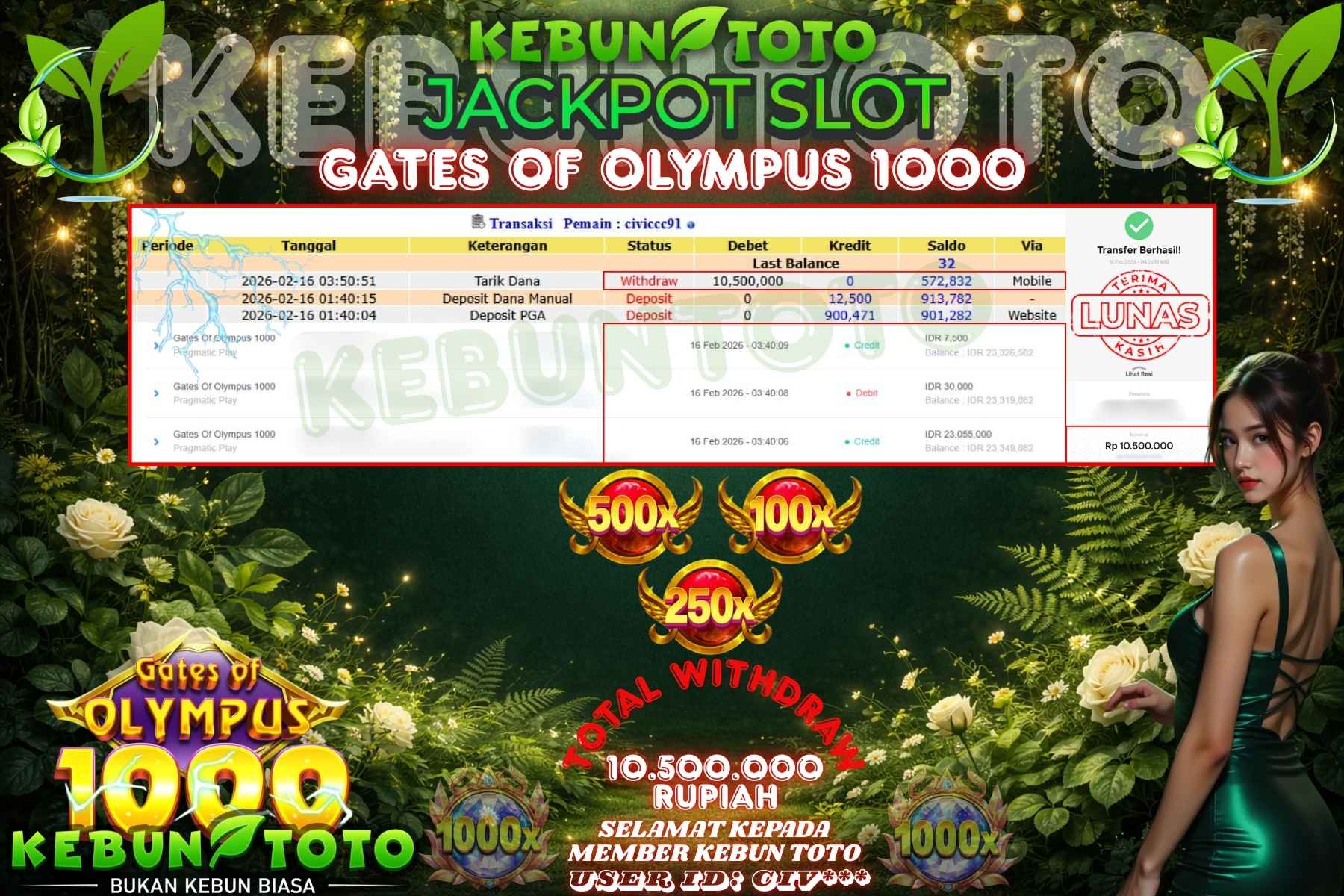 Bukti Kemenangan Rp 10.500.000 SLOT GATES OF OLYMPUS 1000 di KEBUNTOTO!