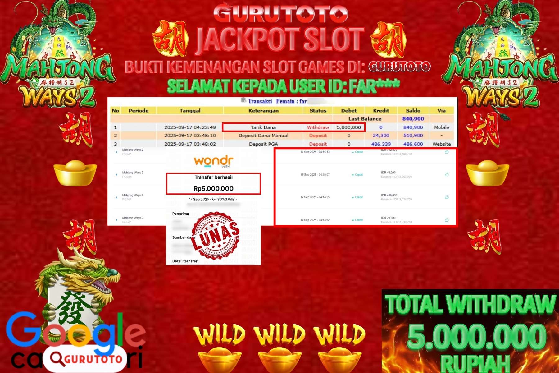 Bukti Kemenangan Rp 5.000.000 SLOT MAHJONG WAYS 2 di GURUTOTO!