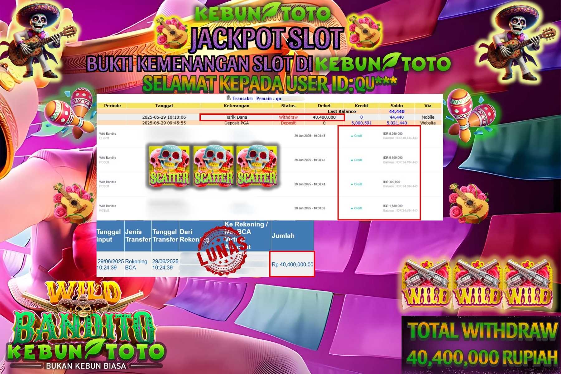 Bukti Kemenangan Rp 40.400.000 SLOT WILD BANDITO di KEBUNTOTO!
