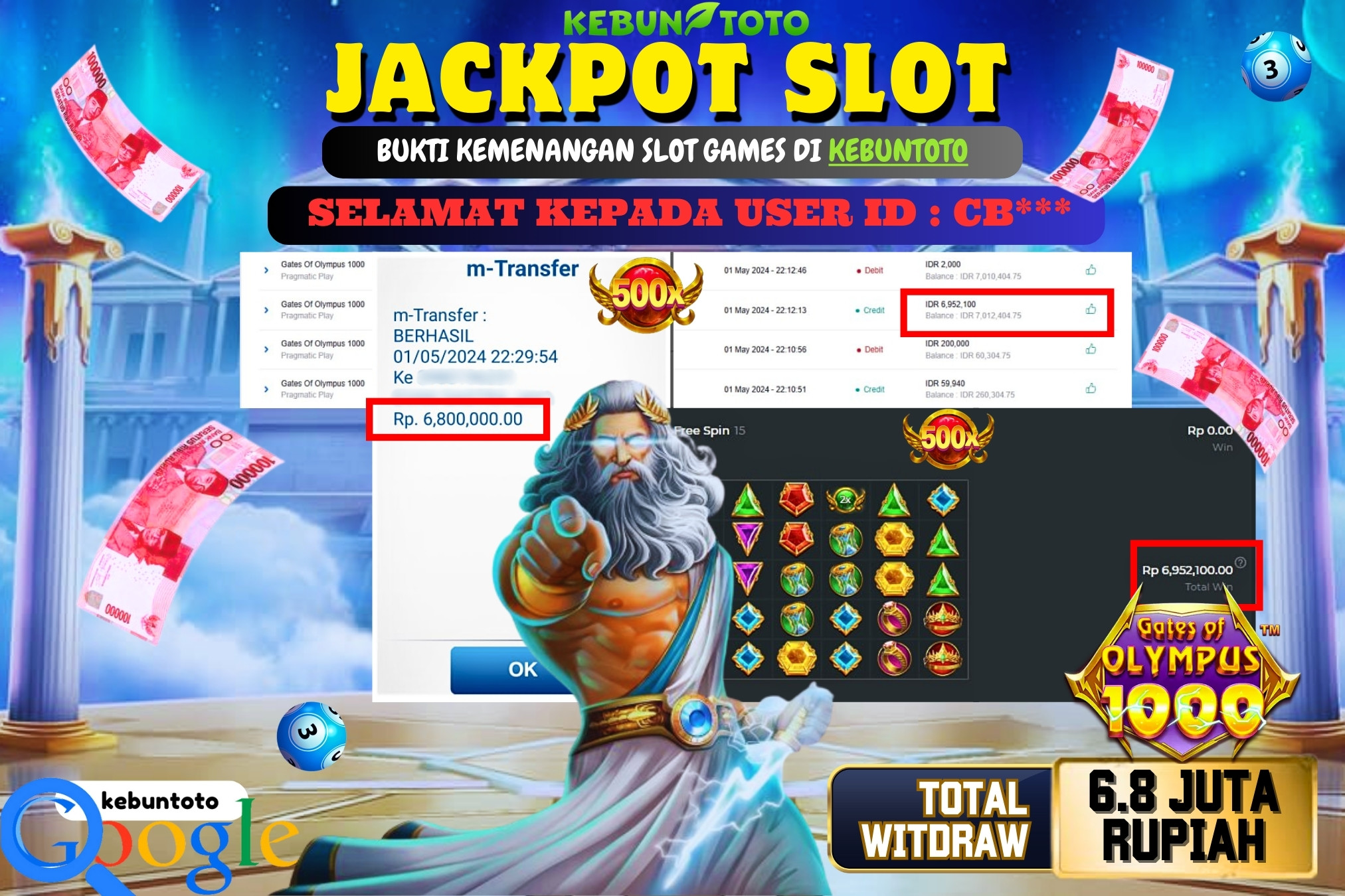 KEBUNTOTO JACKPOT SLOT GATES OF OLYMPUS 1000 Rp.6.800.000,- LUNAS