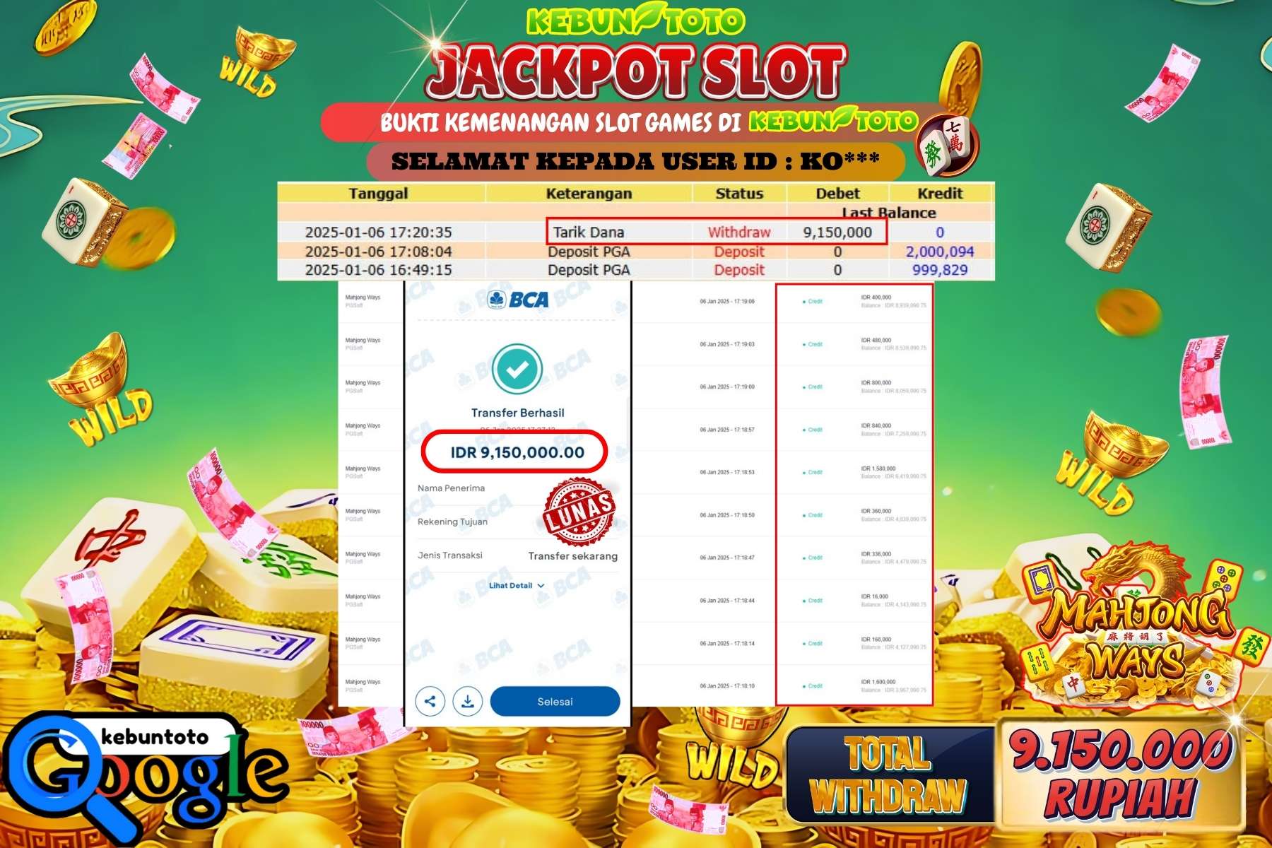 KEBUNTOTO JACKPOT SLOT MAHJONG WAYS , Sebesar Rp.9.150.000,- LUNAS