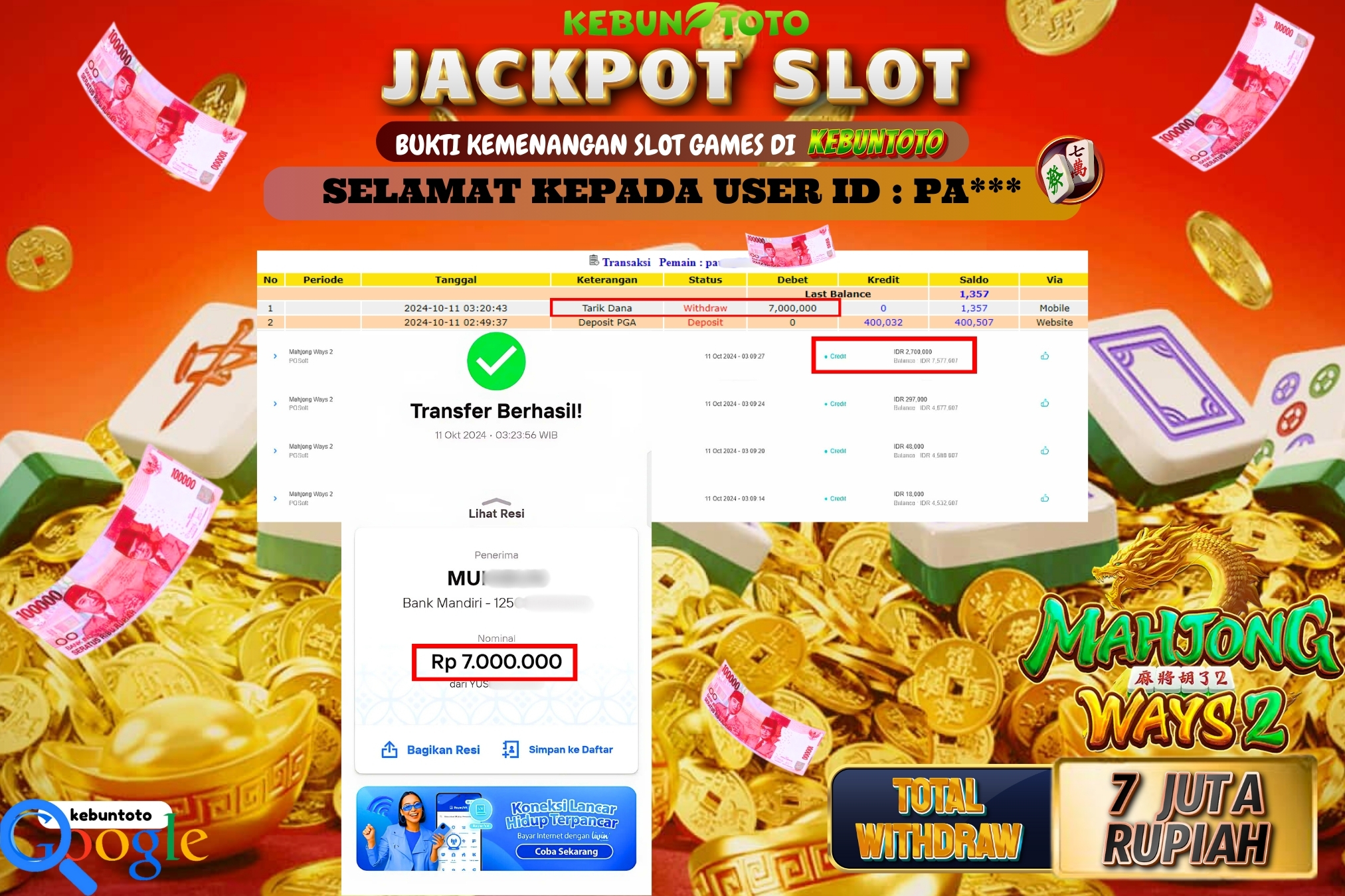 KEBUNTOTO JACKPOT SLOT MAHJONG WAYS 2 Rp.7.000.000,- LUNAS