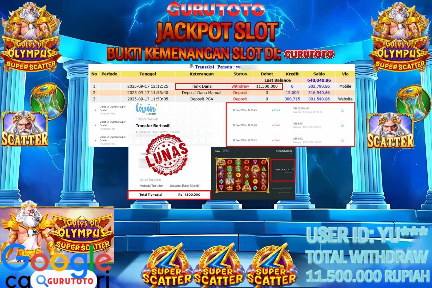Bukti Kemenangan Rp 11.500.000 SLOT GATES OF OLYMPUS SUPER SCATTER di GURUTOTO!