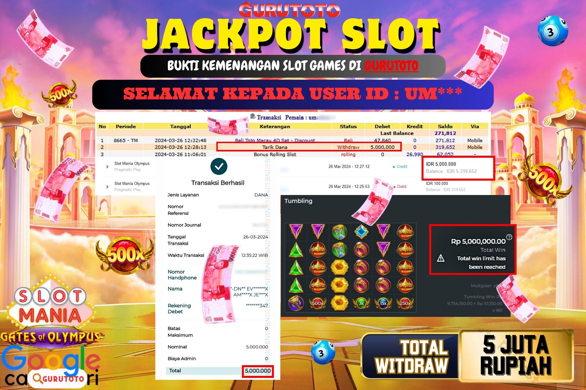 Jackpot Slot Mania Olympus di Gurutoto sebesar Rp.5.000.000 dibayar lunas.