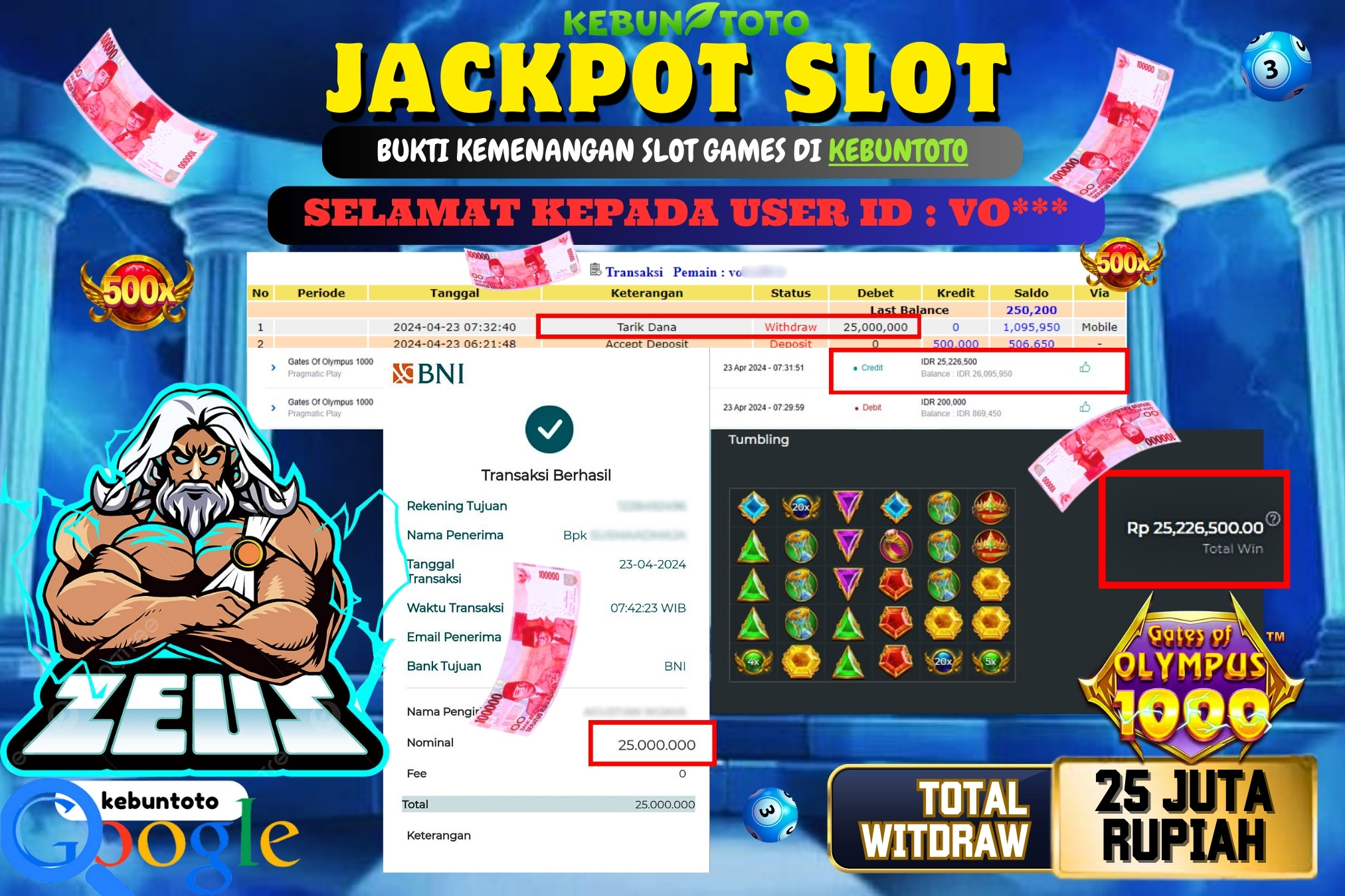 KEBUNTOTO JACKPOT SLOT GATES OF OLYMPUS 1000 Rp.25.000.000,- LUNAS