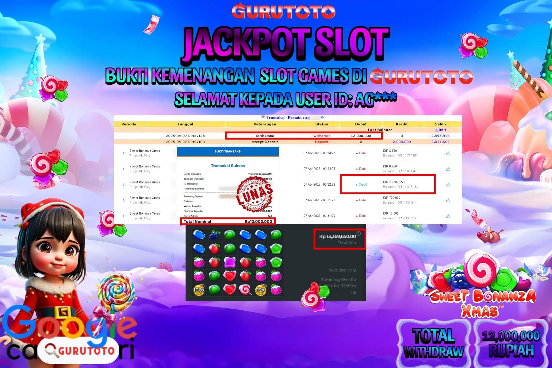 GURUTOTO JACKPOT, SLOT SWEET BONANZA XMAS, Sebesar Rp 12.000.000,- LUNAS