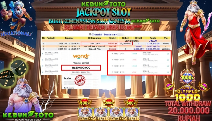 Bukti Kemenangan Rp 20.000.000 SLOT GATES OF OLYMPUS 1000 di KEBUNTOTO!