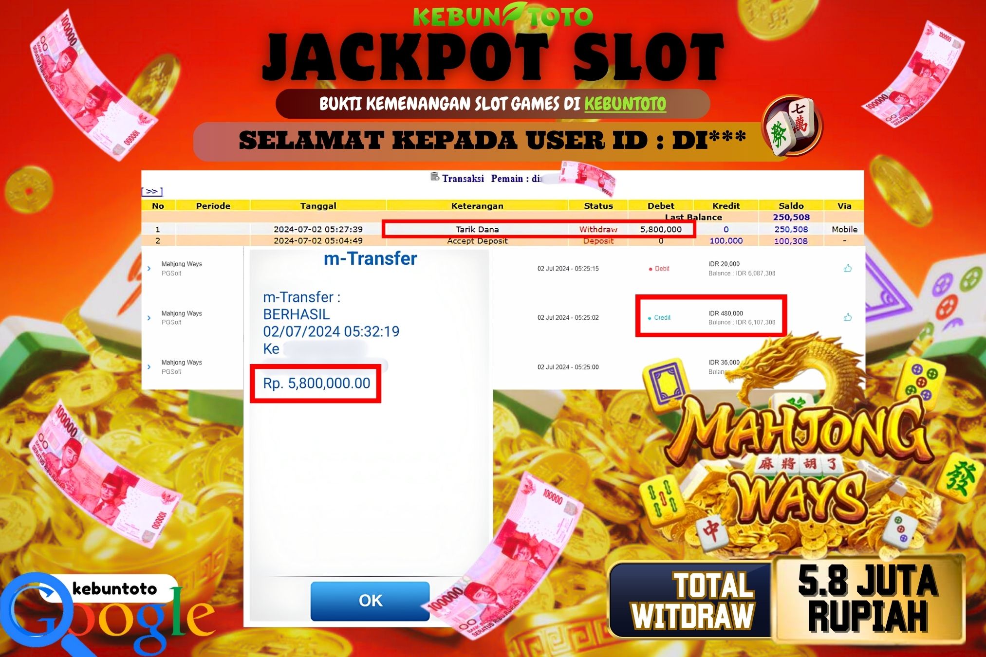 KEBUNTOTO JACKPOT SLOT MAHJONG WAYS Rp.5.800.000,- LUNAS