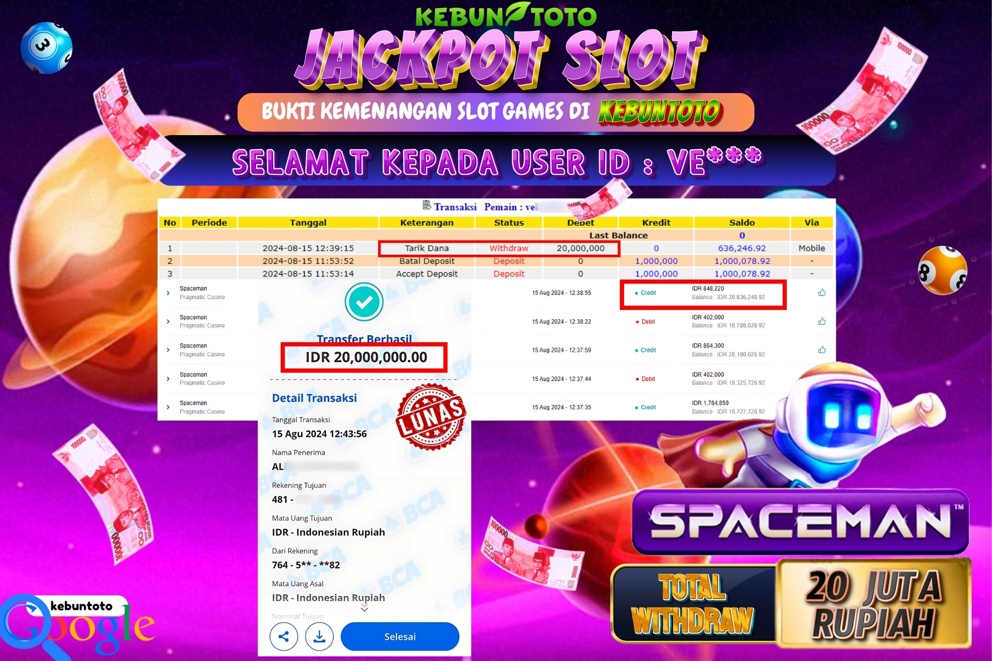 KEBUNTOTO JACKPOT SLOT SPACEMAN Rp.20.000.000,- LUNAS
