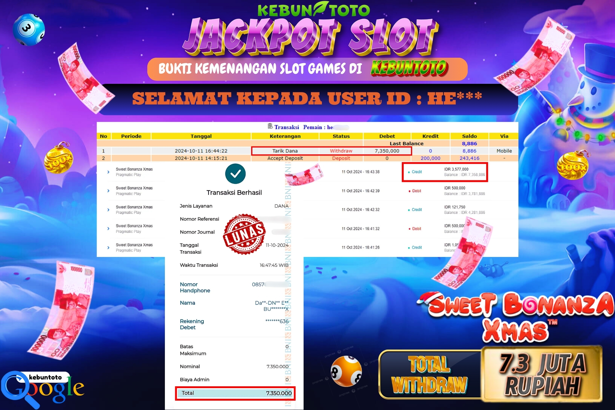 KEBUNTOTO JACKPOT SLOT SWEET BONANZA XMAS Rp.7.350.000,- LUNAS